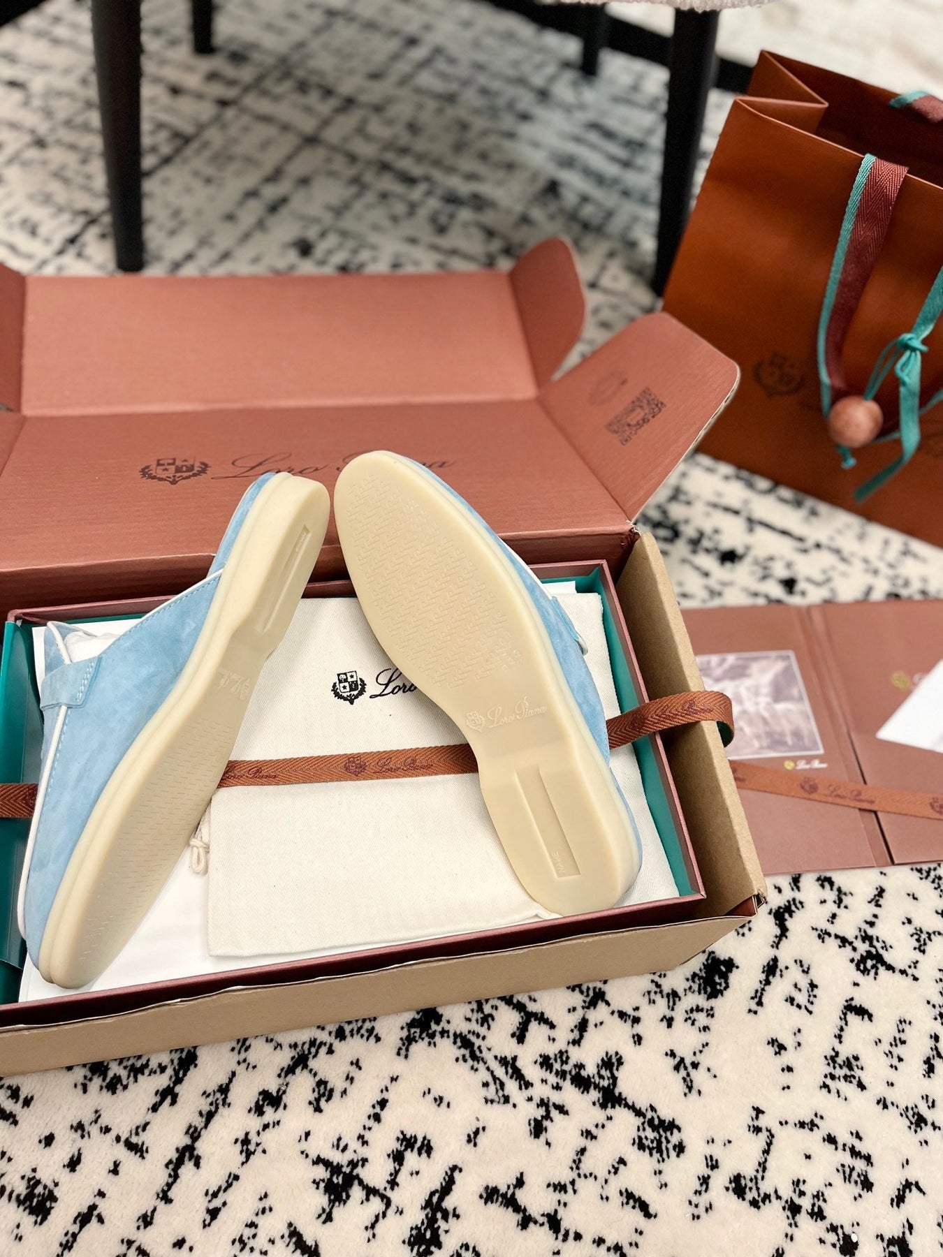 Loro Piana Blue Sky White Suede Charms Walk Flat Mules
