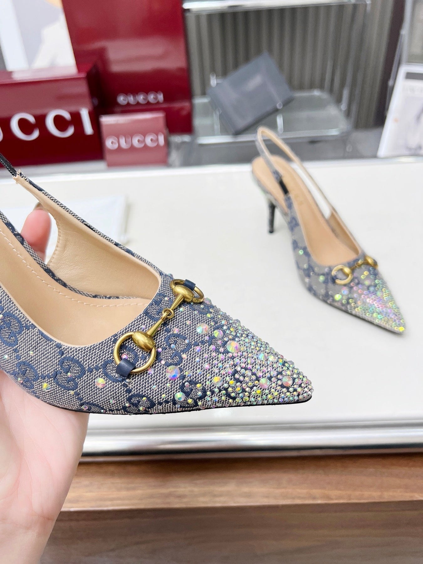 HORSEBIT SLINGBACKS IN DOVE GRAY MONOGRAM FABRIC WITH CRYSTALS