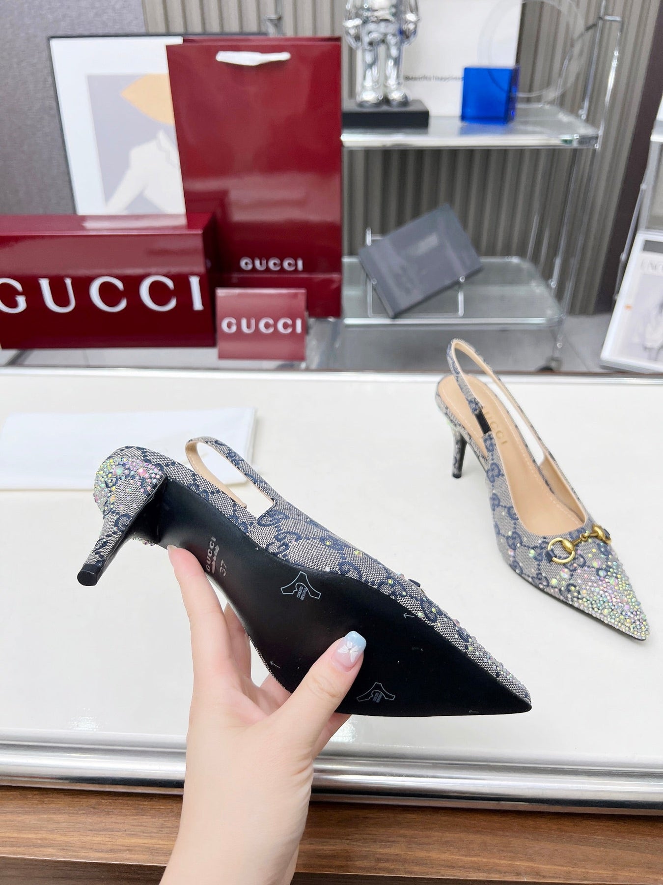 HORSEBIT SLINGBACKS IN DOVE GRAY MONOGRAM FABRIC WITH CRYSTALS