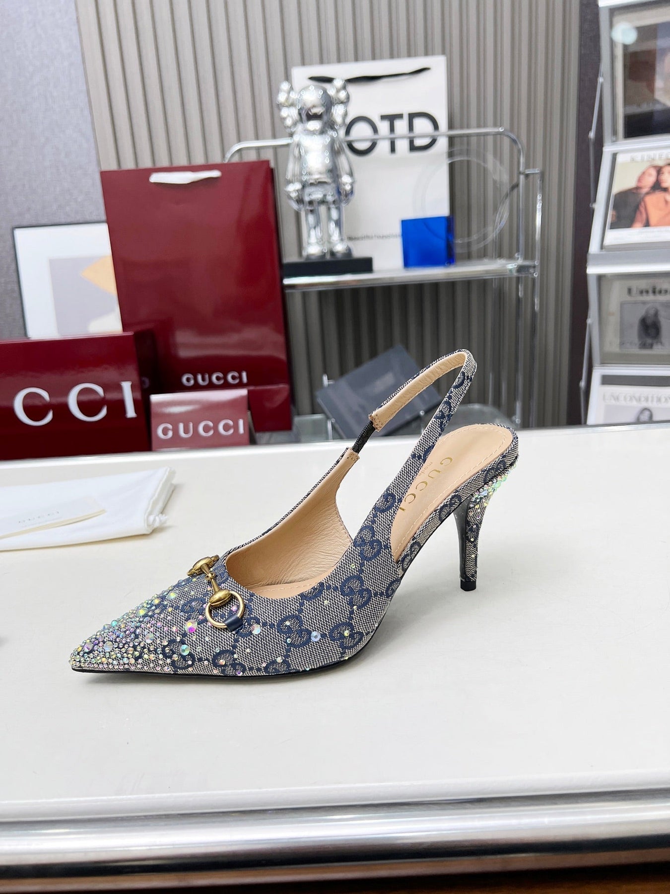 HORSEBIT SLINGBACKS IN DOVE GRAY MONOGRAM FABRIC WITH CRYSTALS