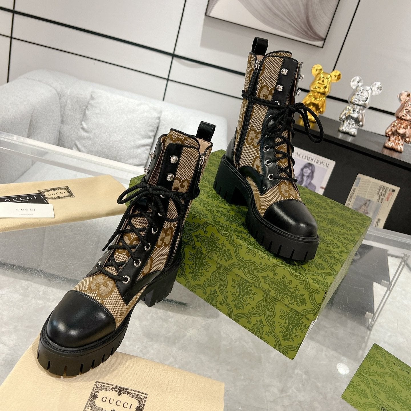 GG ANKLE BOOTS IN BEIGE MONOGRAM CANVAS AND BLACK SHEEPSKIN