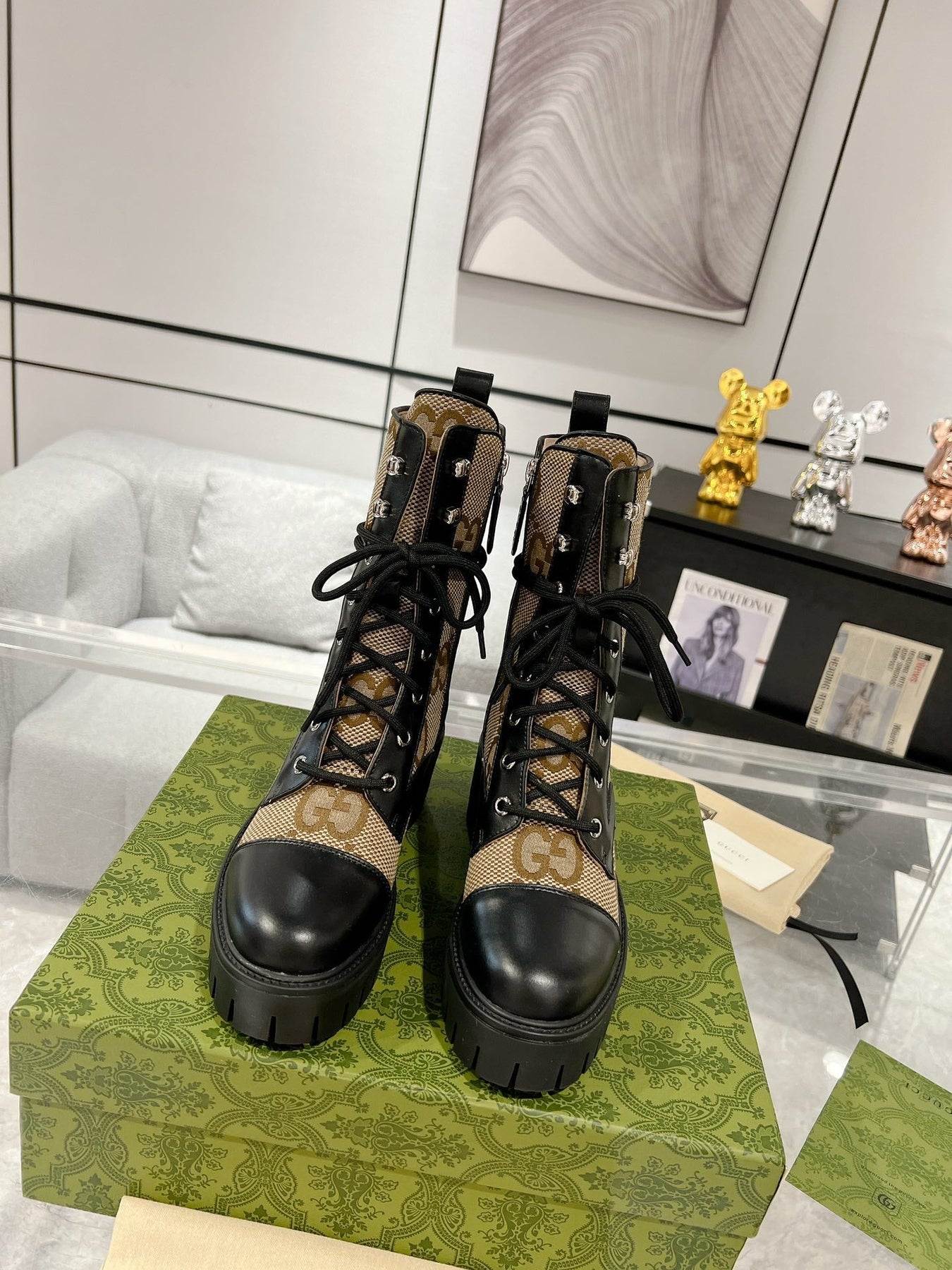 GG ANKLE BOOTS IN BEIGE MONOGRAM CANVAS AND BLACK SHEEPSKIN