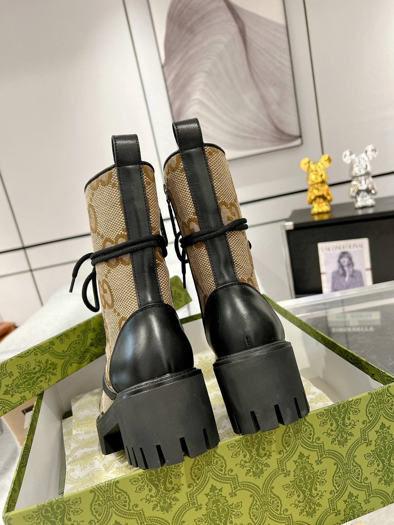 GG ANKLE BOOTS IN BEIGE MONOGRAM CANVAS AND BLACK SHEEPSKIN