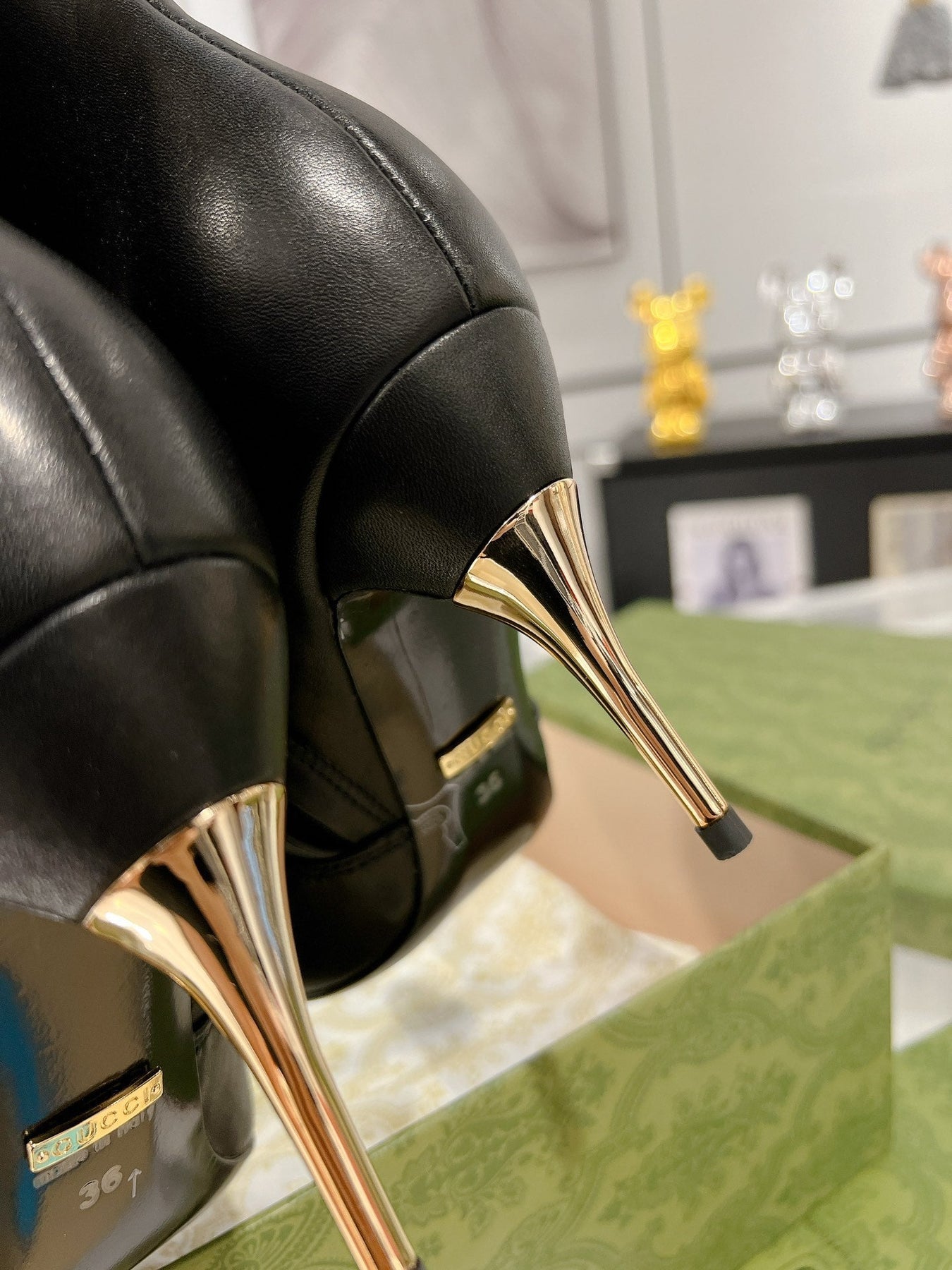 GG ANKLE BOOTS IN BLACK CALFSKIN WITH GOLD PLATED HEEL