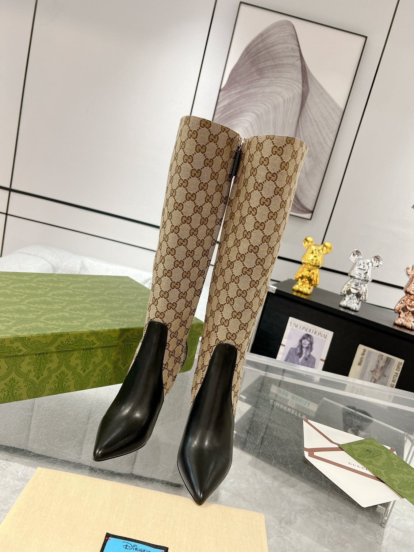 GG KNEE BOOTS IN BEIGE MONOGRAM JACQUARD FABRIC AND BLACK CALFSKIN