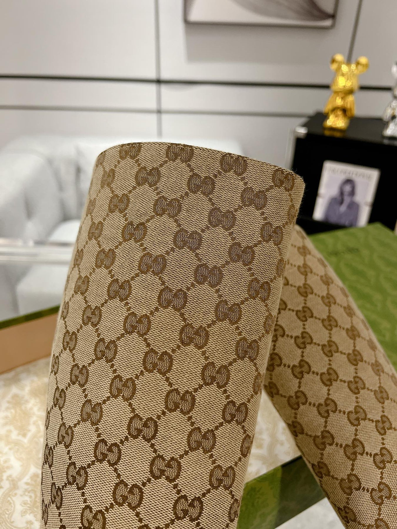 GG KNEE BOOTS IN BEIGE MONOGRAM JACQUARD FABRIC AND BLACK CALFSKIN