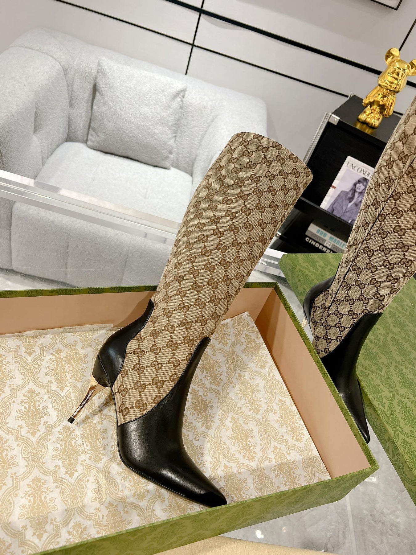 GG KNEE BOOTS IN BEIGE MONOGRAM JACQUARD FABRIC AND BLACK CALFSKIN