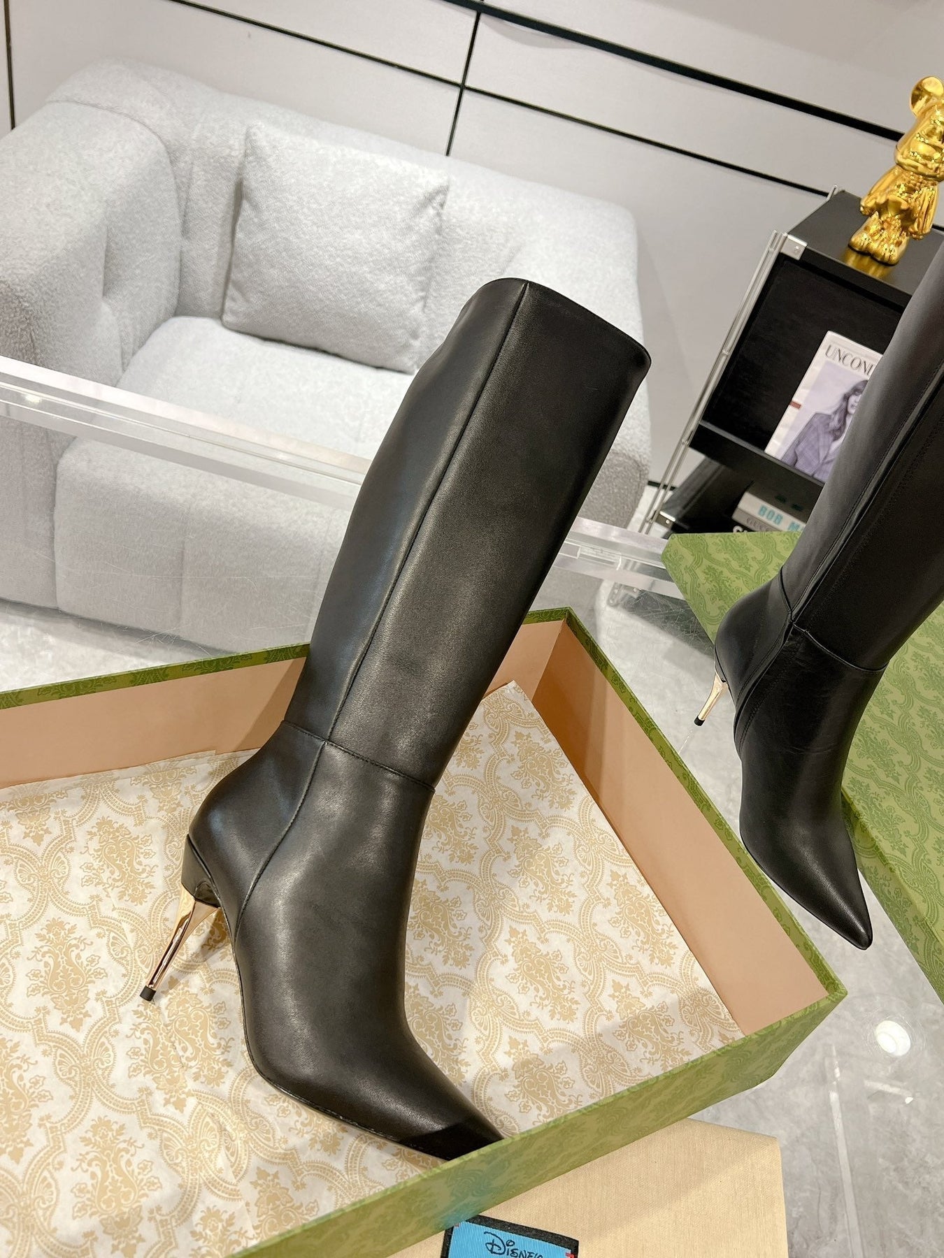 GG KNEE BOOTS IN BLACK CALFSKIN WITH GOLD PLATED HEEL