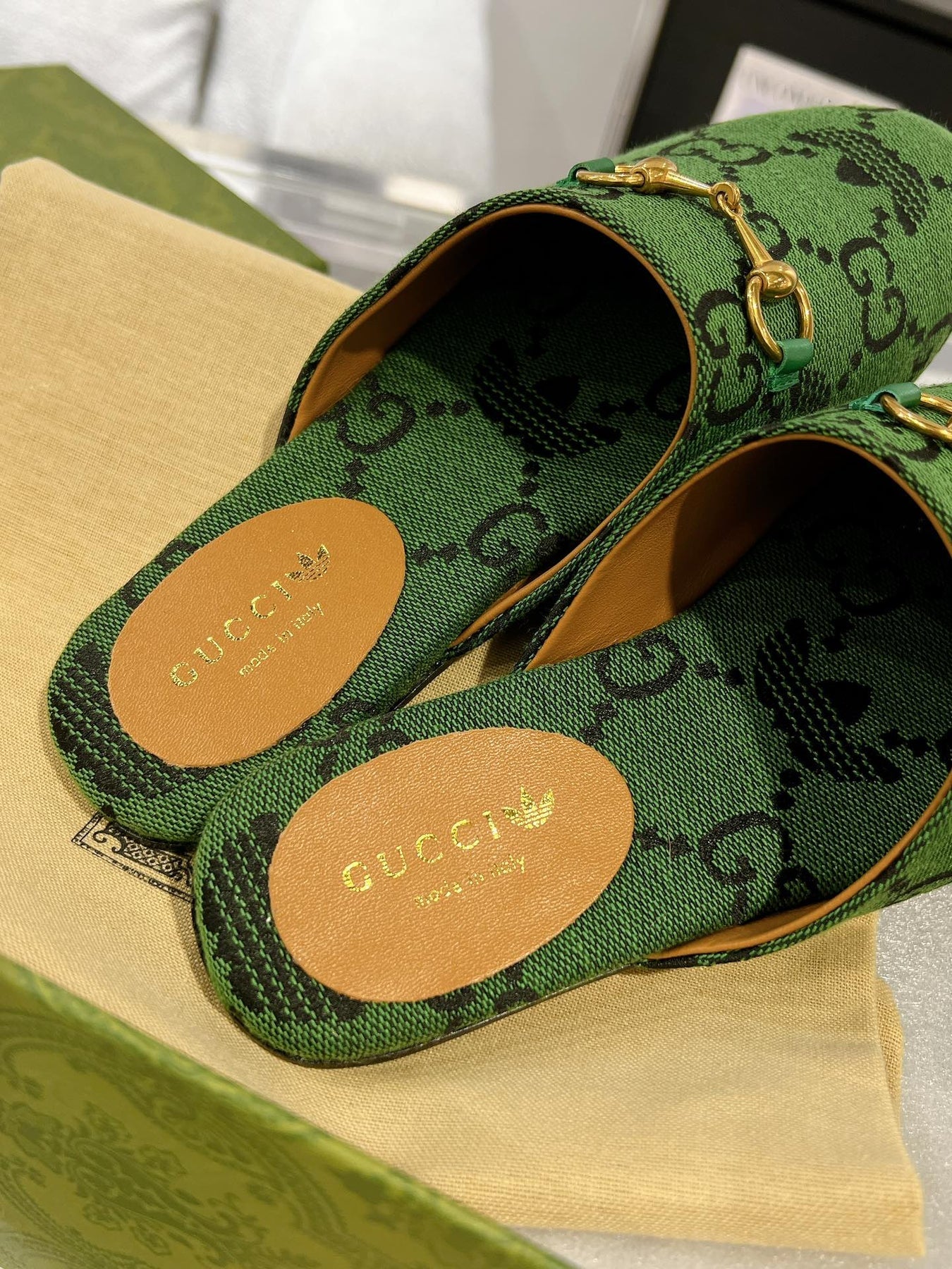 GG & ADIDAS MULE HORSEBIT BUCKLE DARK GREEN CANVAS