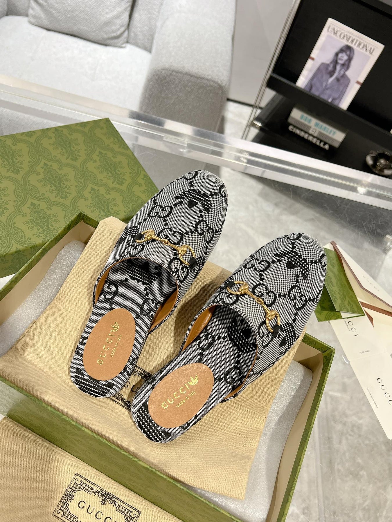 GG & ADIDAS MULE HORSEBIT BUCKLE LIGHT GRAY CANVAS