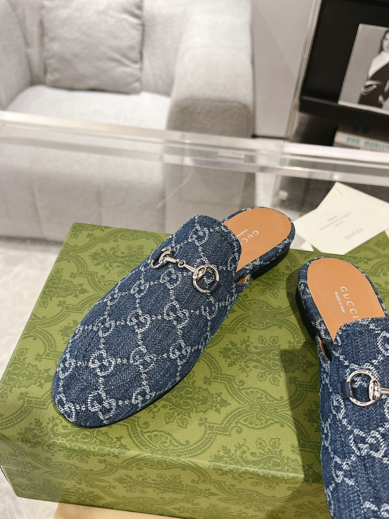 MEN'S MULE WITH HORSEBIT IN DENIM BLUE MONOGRAM JACQUARD FABRIC
