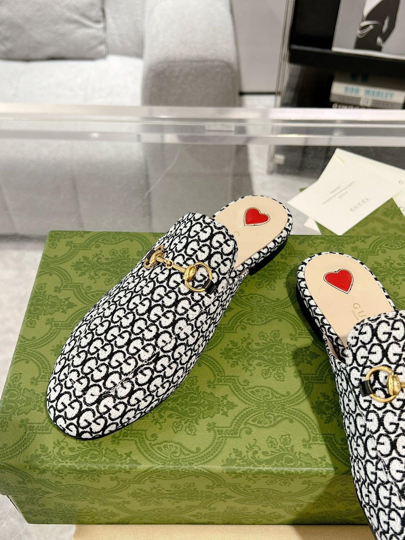 MEN'S MULE WITH HORSEBIT IN BLACK MIX WHITE MONOGRAM JACQUARD FABRIC