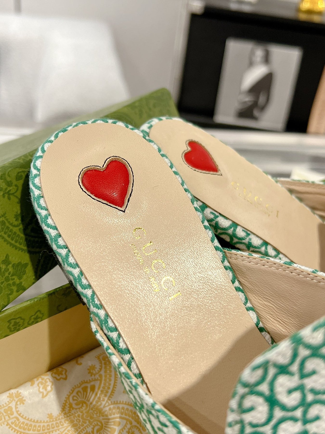 MEN'S MULE WITH HORSEBIT IN MINT GREEN MONOGRAM JACQUARD FABRIC