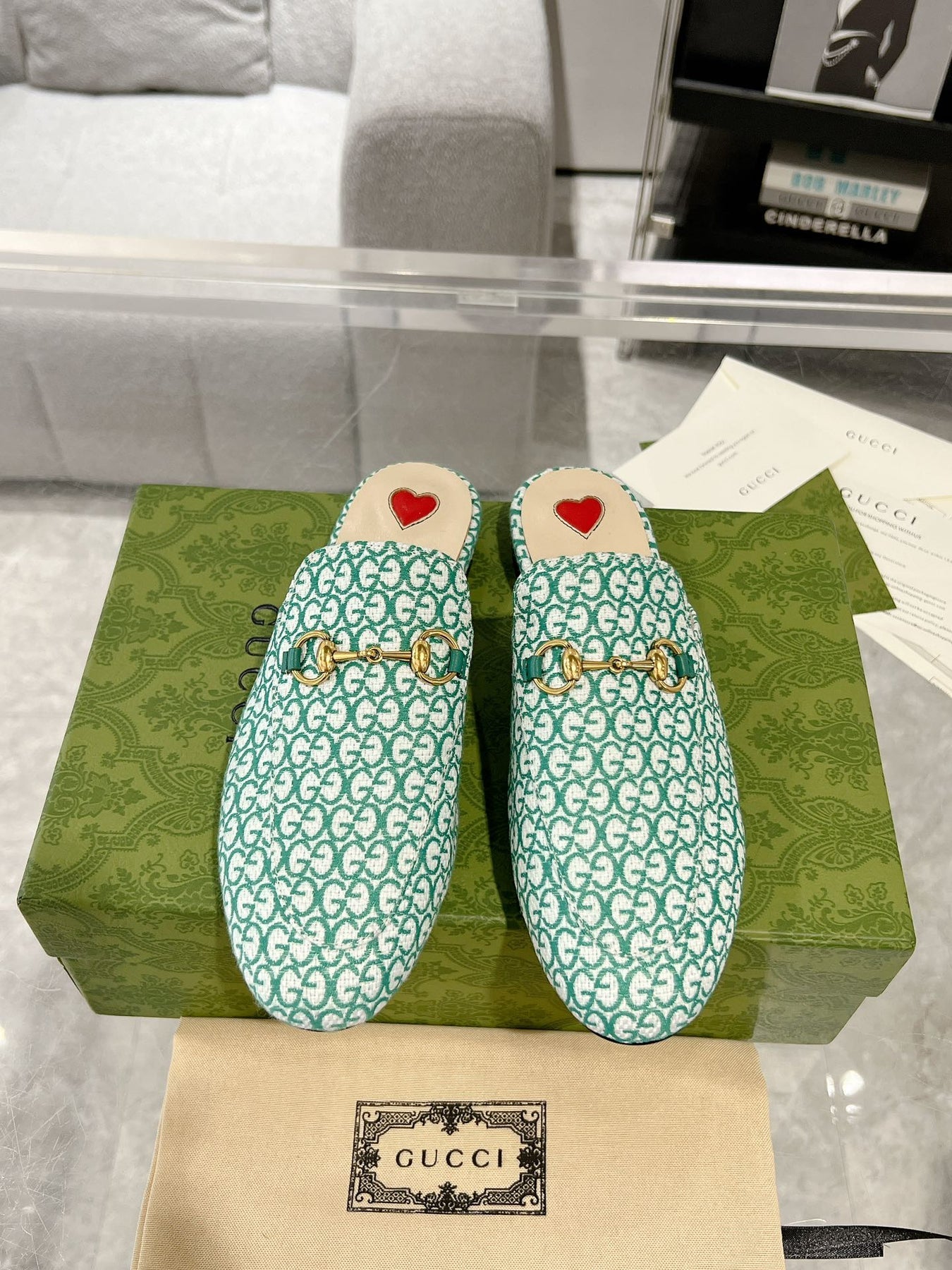 MEN'S MULE WITH HORSEBIT IN MINT GREEN MONOGRAM JACQUARD FABRIC