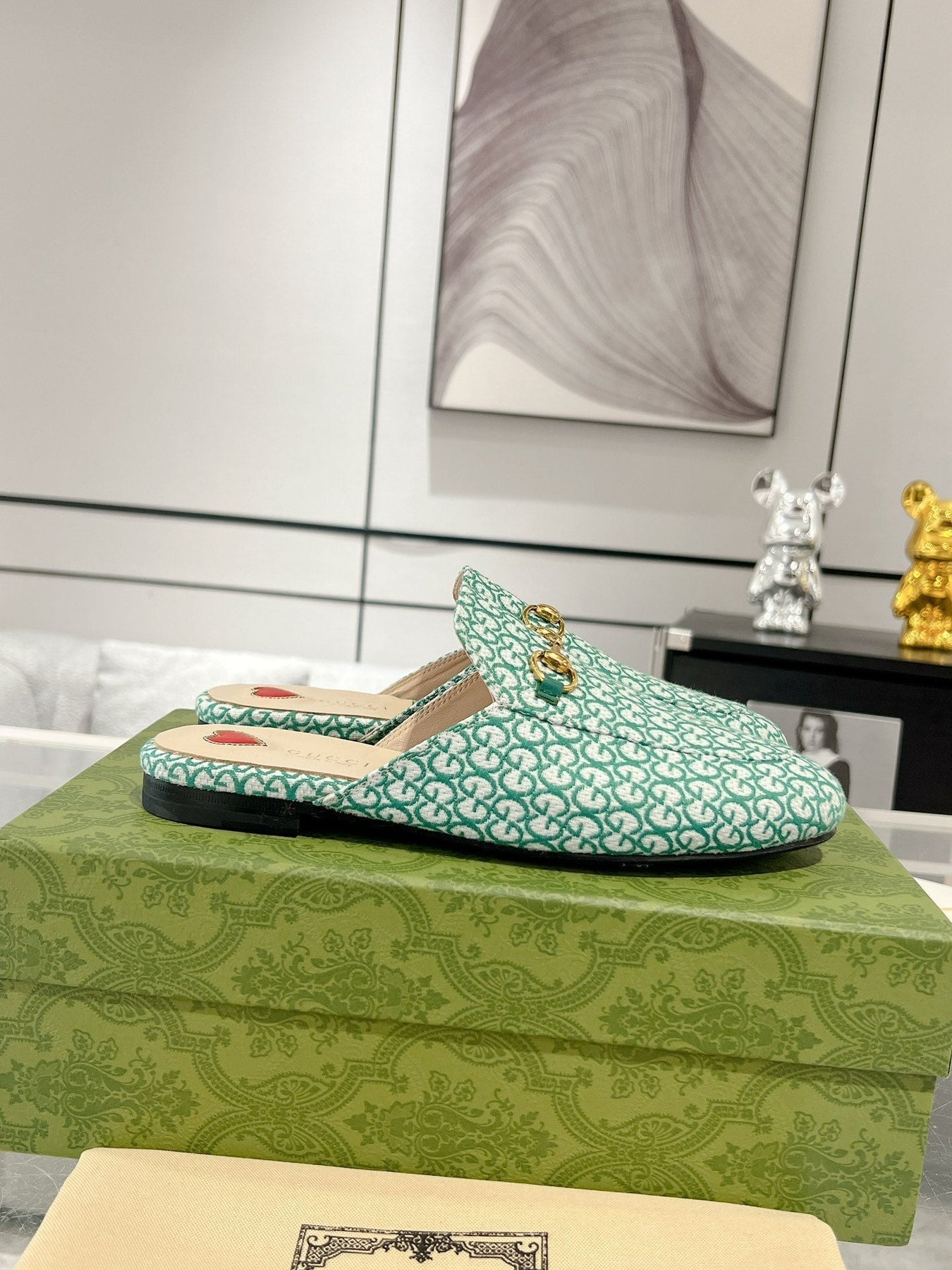 MEN'S MULE WITH HORSEBIT IN MINT GREEN MONOGRAM JACQUARD FABRIC