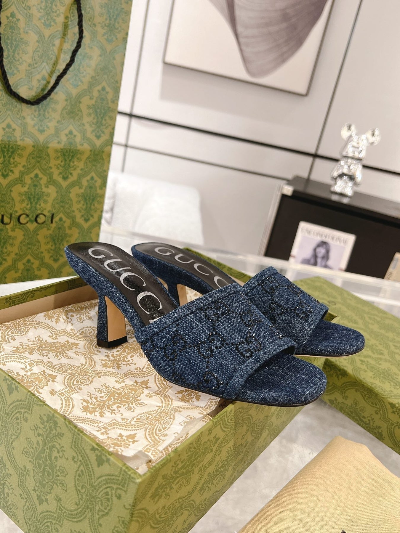 GG CRYSTALS HIGH SANDAL DENIM CANVAS