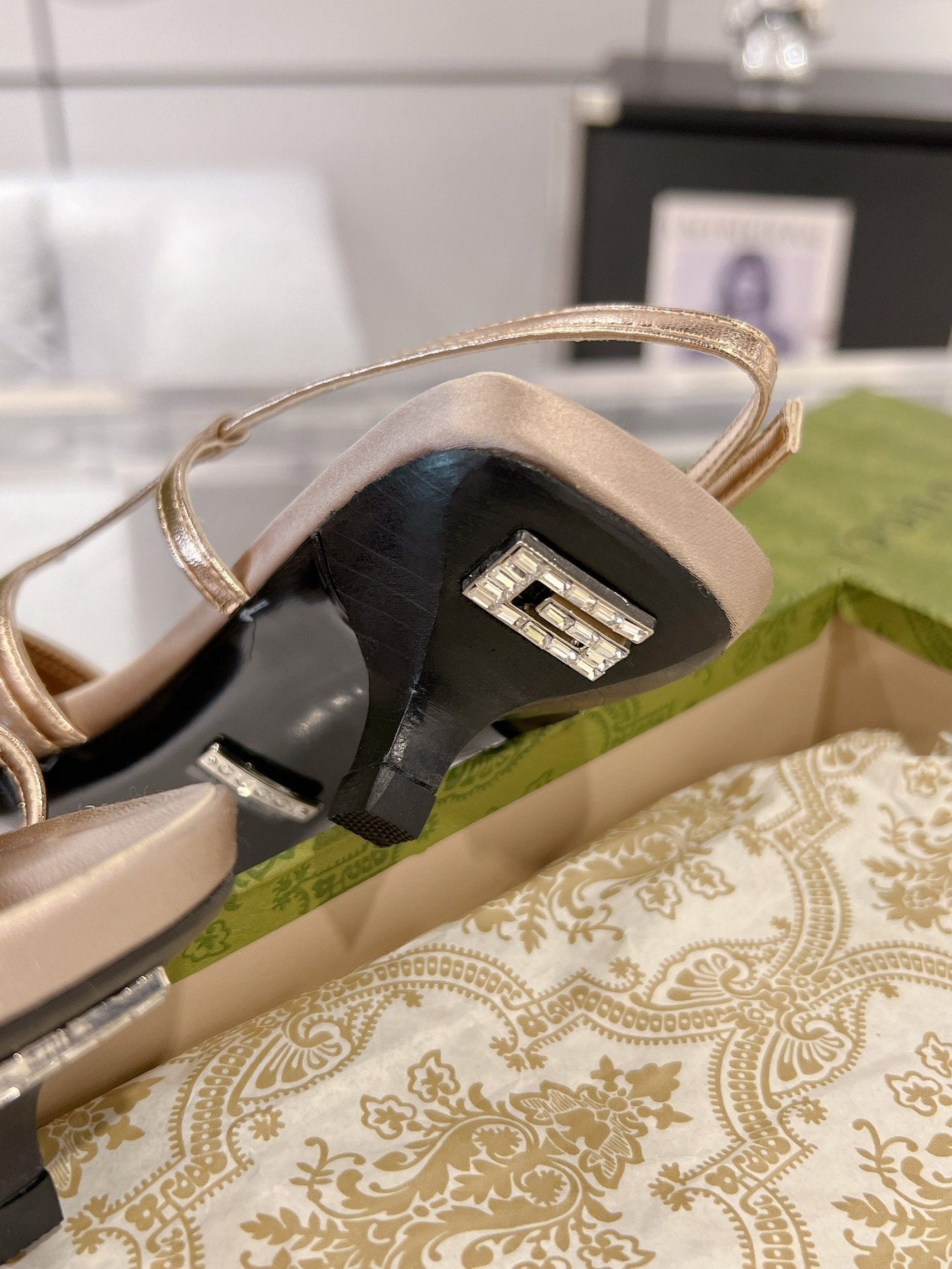 GG CRYSTALS SLINGBACK PUMP CREAM FABRIC