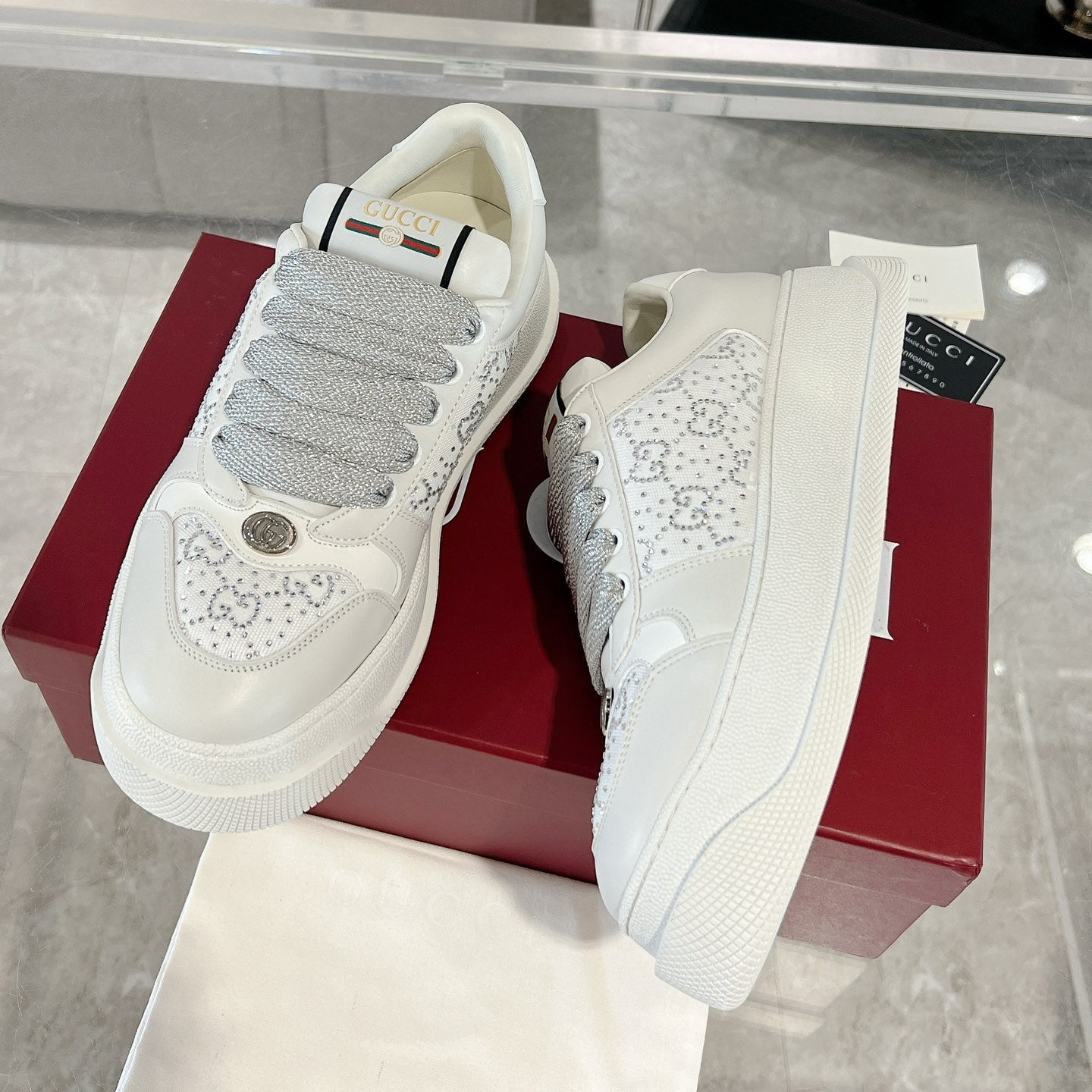 GG SCREENER SNEAKER WITH CRYSTALS IN IVORY BEIGE MIX RHINO GRAY CALFSKIN