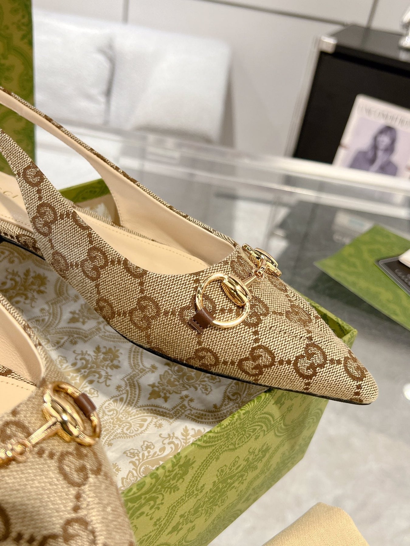 GG HORSEBIT SLINGBACK BALLET FLAT TAN BEIGE CANVAS