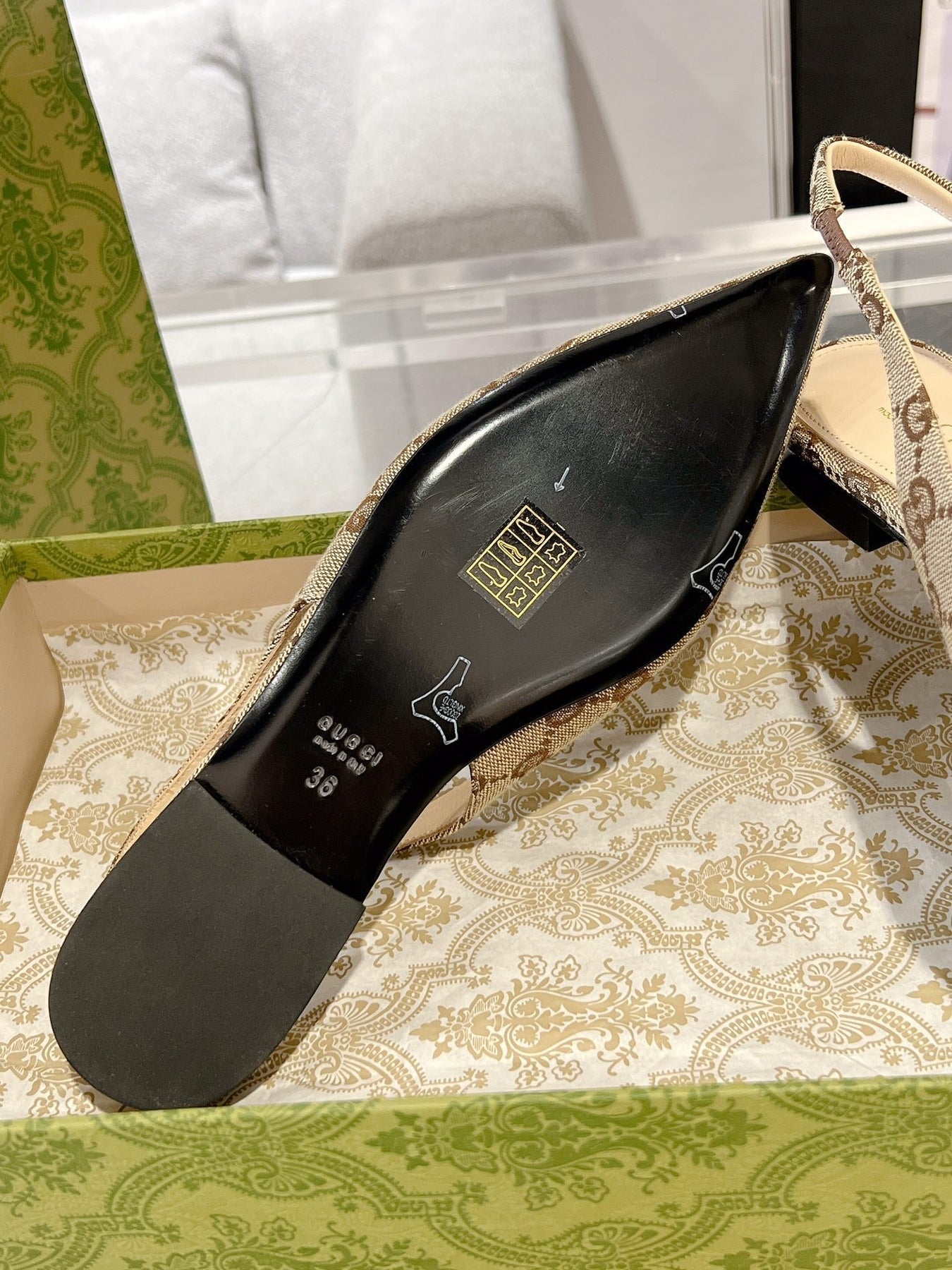 GG HORSEBIT SLINGBACK BALLET FLAT TAN BEIGE CANVAS