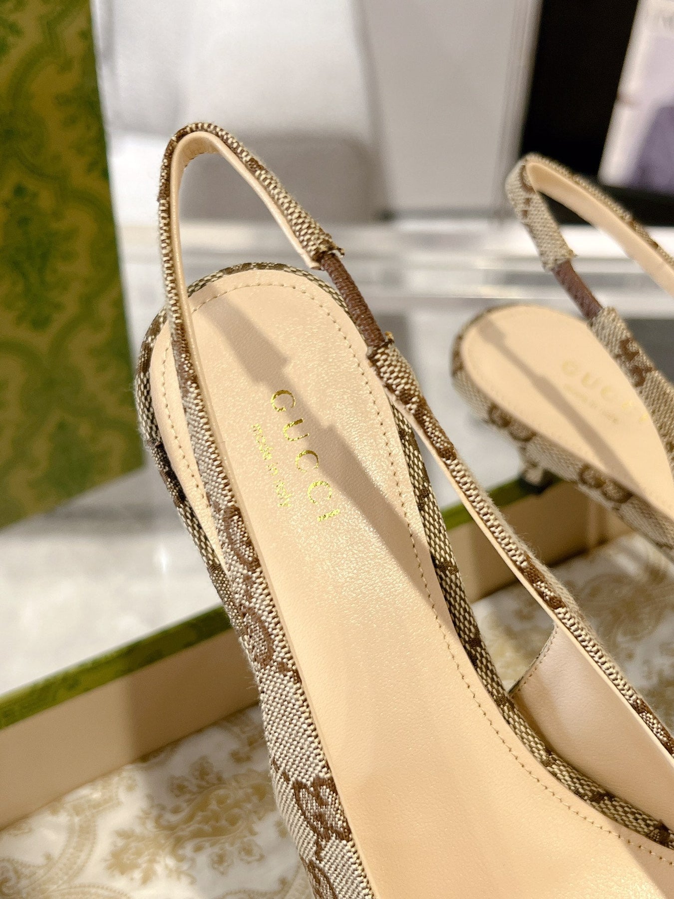 GG MID-HEELED SLINGBACK 4.5 CM IN TAN BEIGE CANVAS