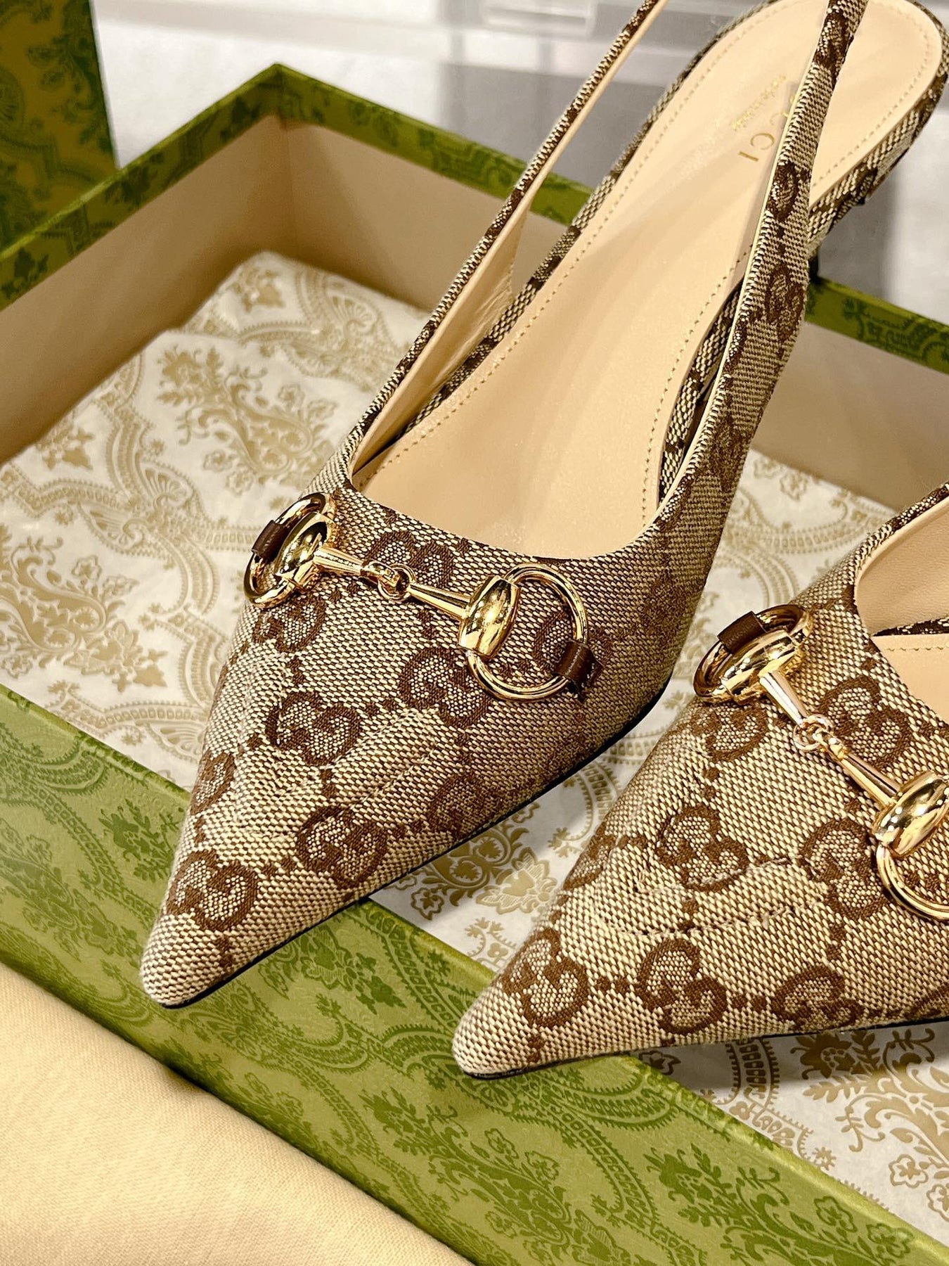 GG MID-HEELED SLINGBACK 4.5 CM IN TAN BEIGE CANVAS