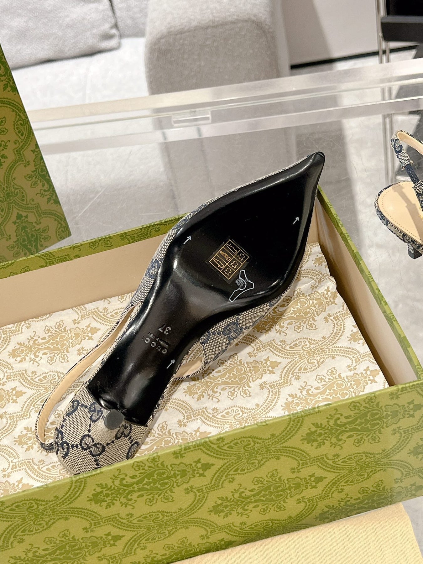 GG MID-HEELED SLINGBACK 4.5 CM IN PALE GRAY CANVAS