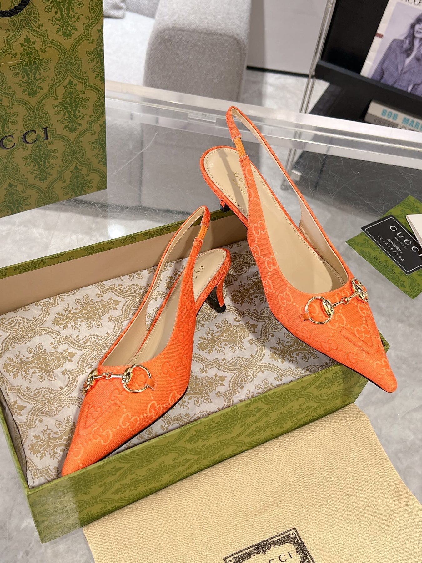 GG MID-HEELED SLINGBACK 4.5 CM IN ORANGE CANVAS
