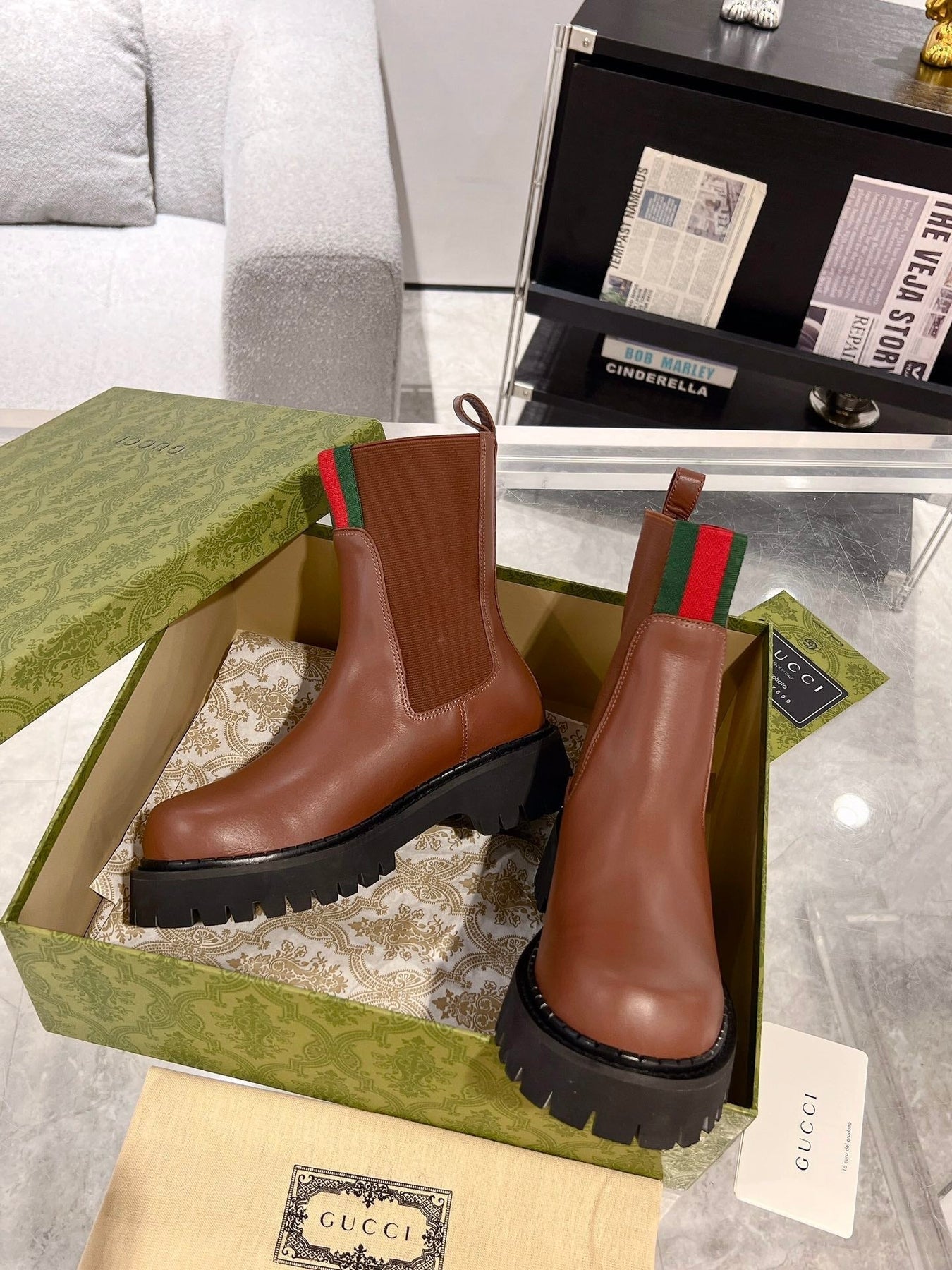 GG ANKLE BOOTS WITH WEB IN CINNAMON BROWN CALFSKIN AND FABRIC