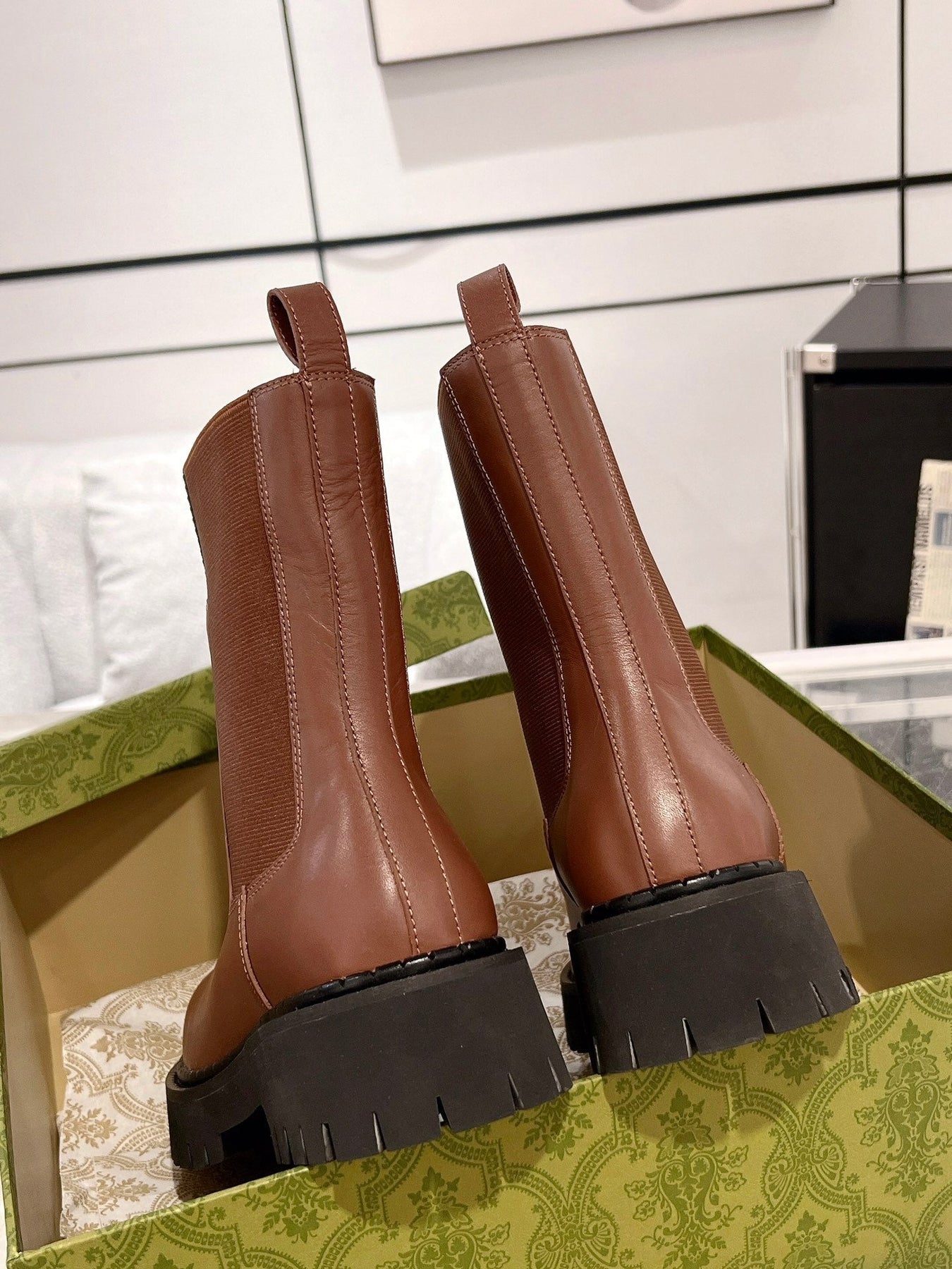 GG ANKLE BOOTS WITH WEB IN CINNAMON BROWN CALFSKIN AND FABRIC