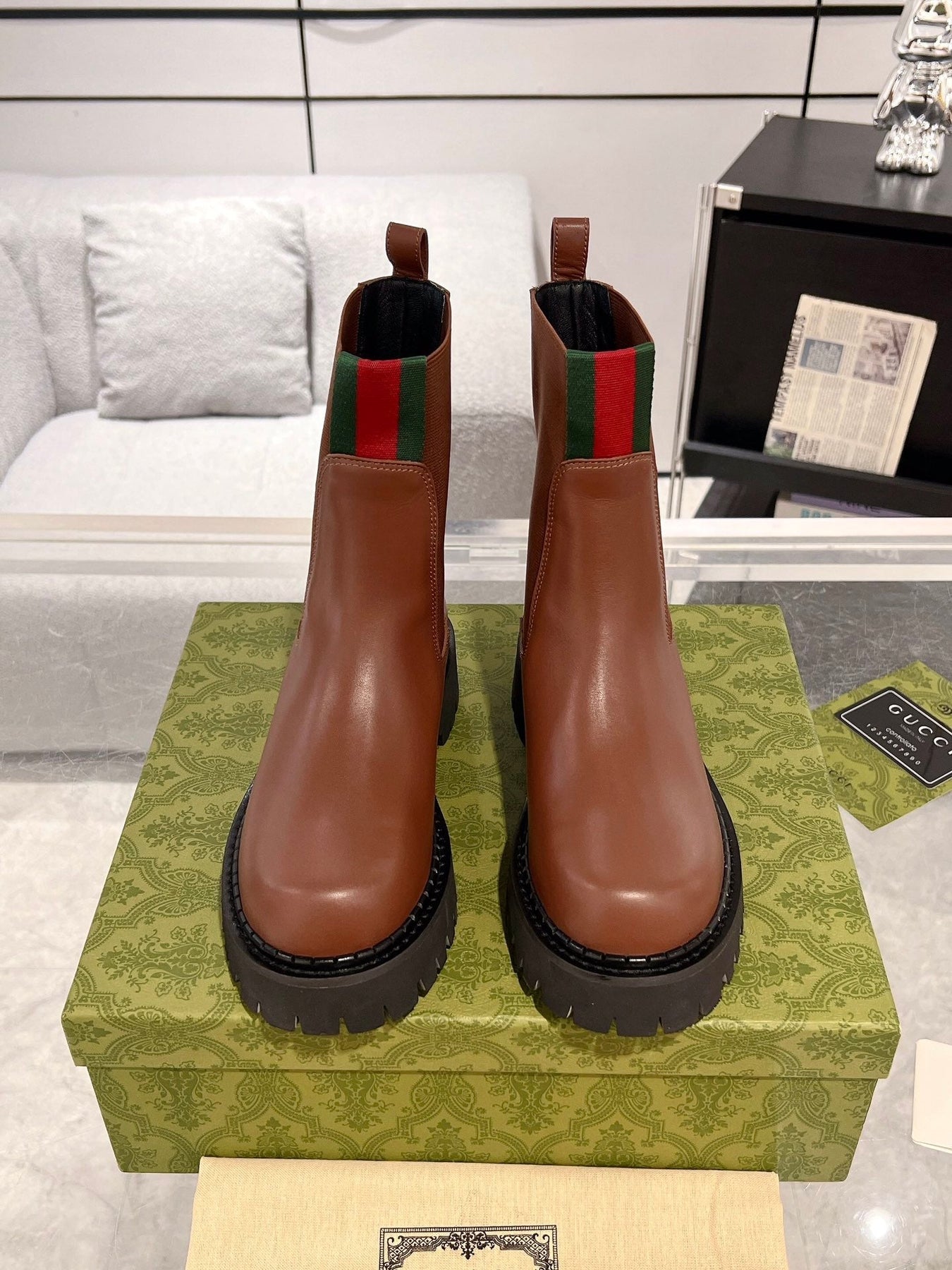 GG ANKLE BOOTS WITH WEB IN CINNAMON BROWN CALFSKIN AND FABRIC