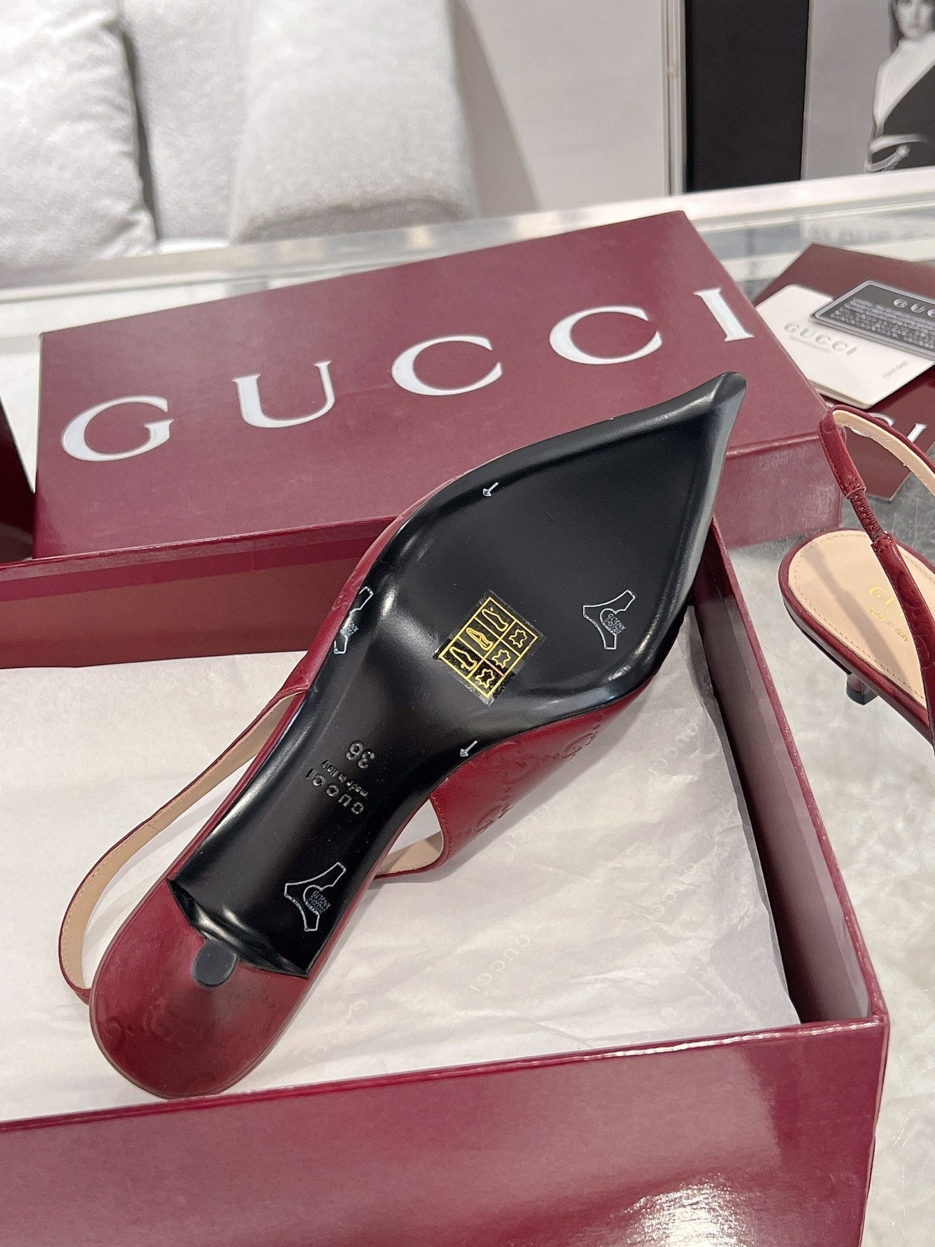 GG MID-HIGH SLINGBACK 4.5 CM IN WINE RED GLOSSY EMBOSSED SUEDE AND SHEEPSKIN LINING