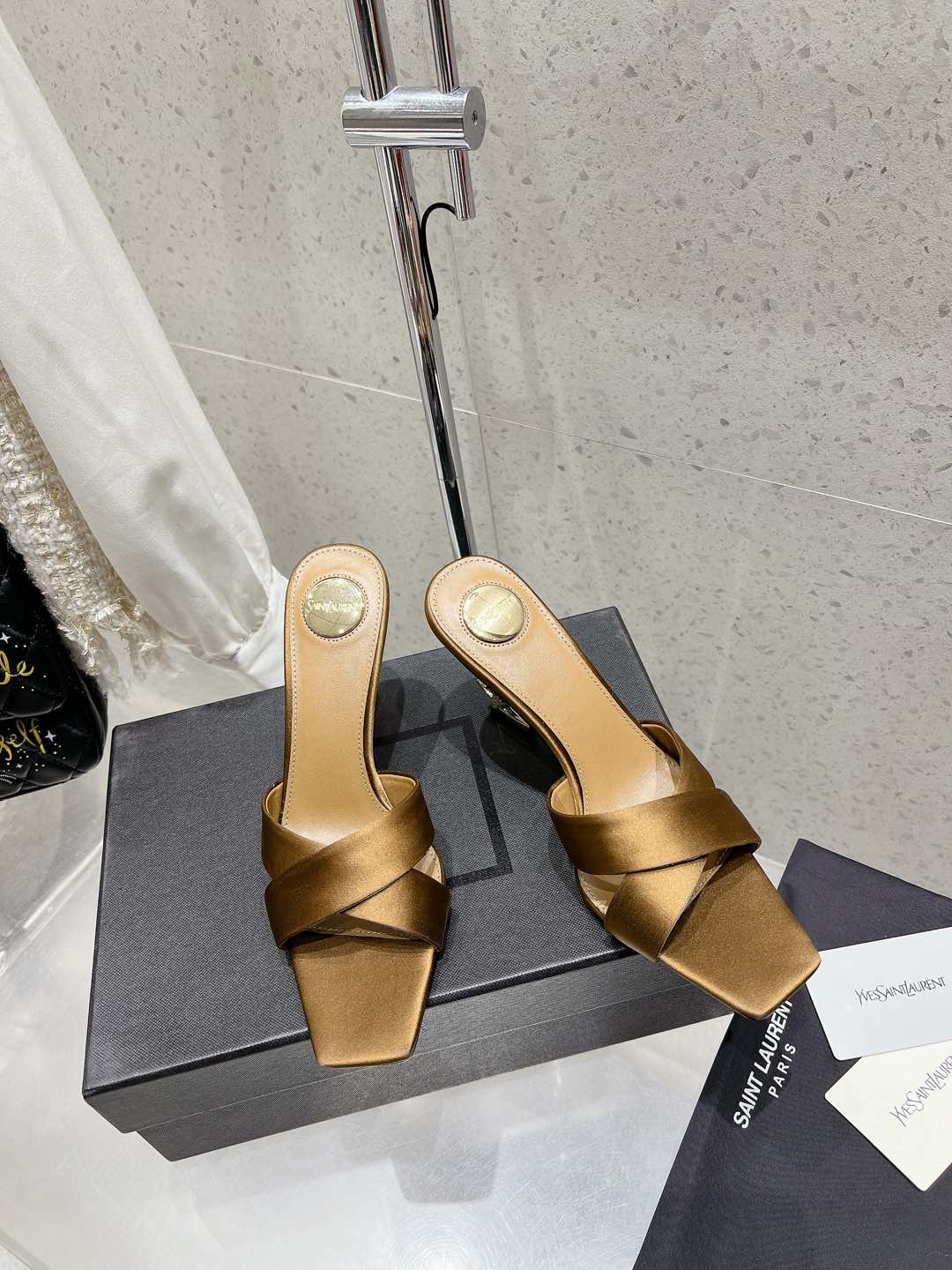 OPYUM HIGH MULES 85 MM IN METALLIC GOLD SATIN CREPE