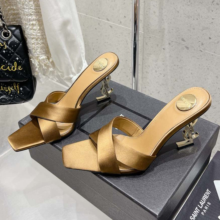 OPYUM HIGH MULES 85 MM IN METALLIC GOLD SATIN CREPE