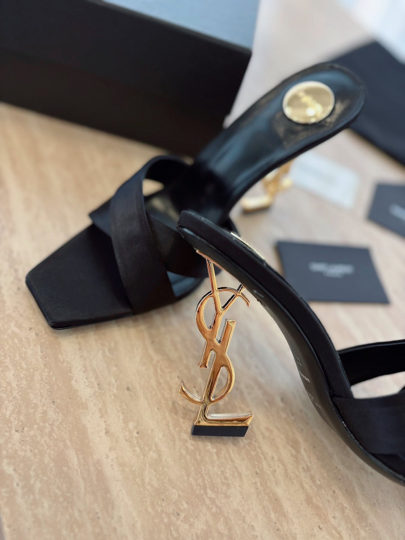 OPYUM OPEN TOE HIGH 10 CM MULES IN BLACK CALFSKIN