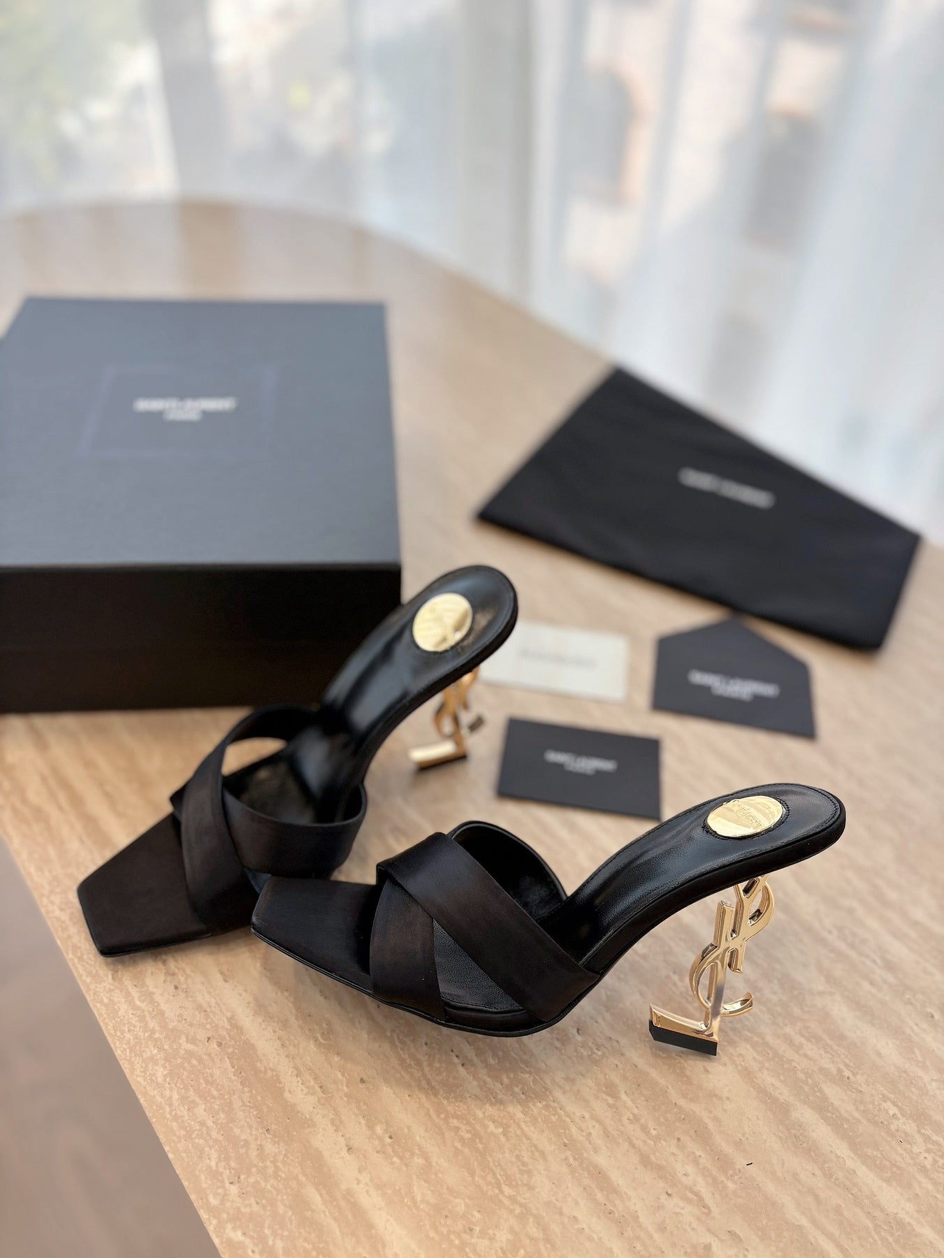 OPYUM OPEN TOE HIGH 10 CM MULES IN BLACK CALFSKIN