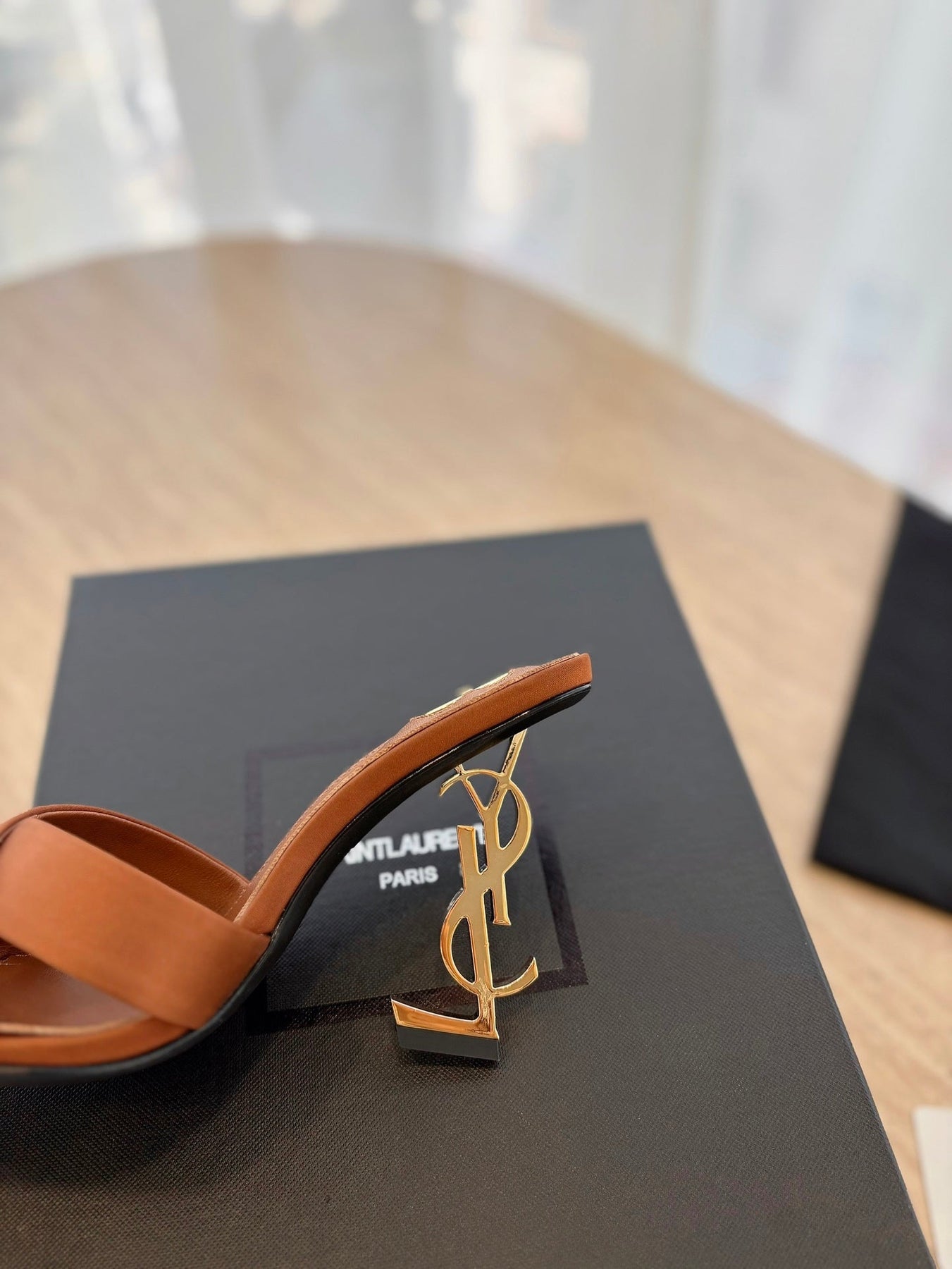 OPYUM OPEN TOE HIGH 10 CM MULES IN BRONZE BROWN CALFSKIN