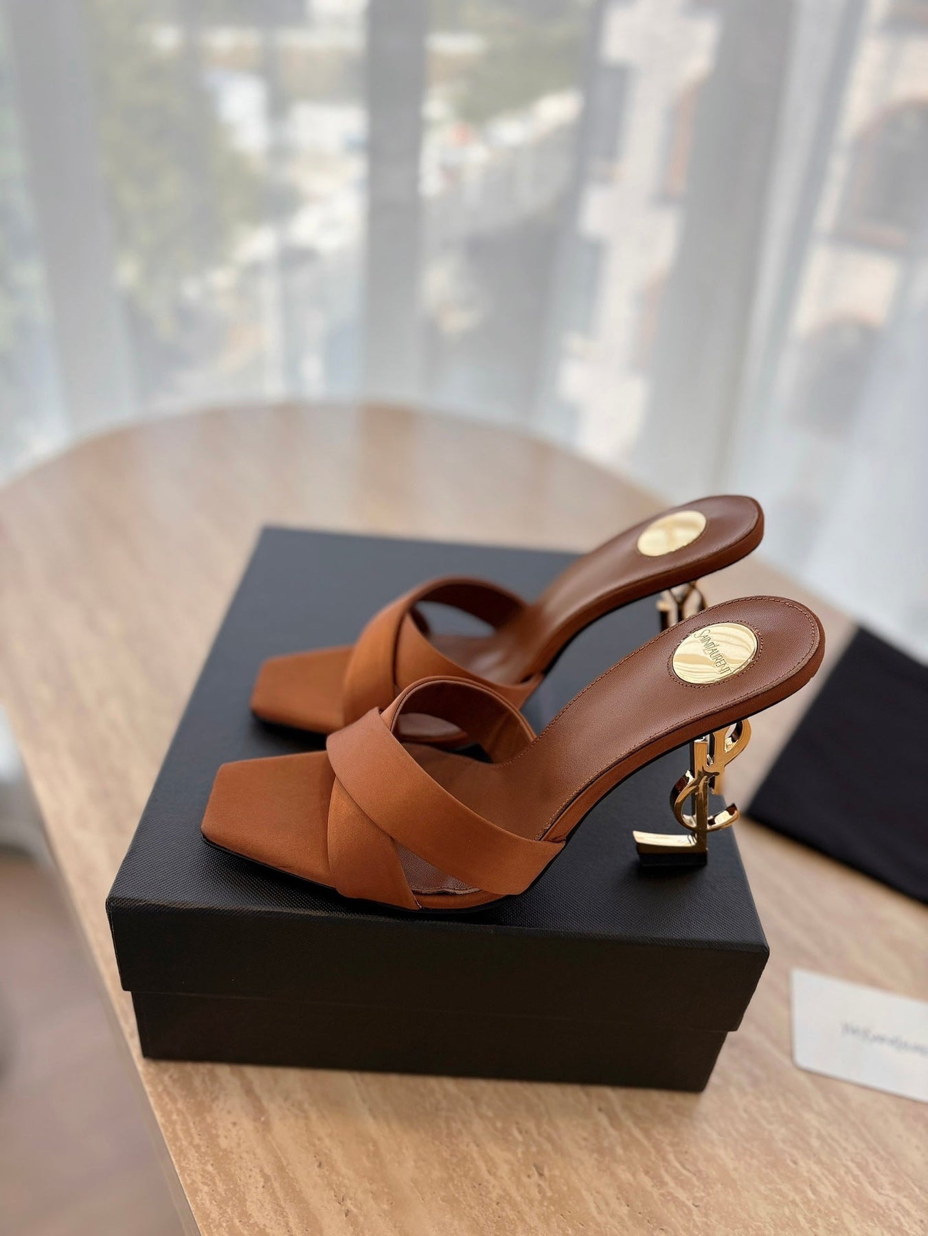 OPYUM OPEN TOE HIGH 10 CM MULES IN BRONZE BROWN CALFSKIN