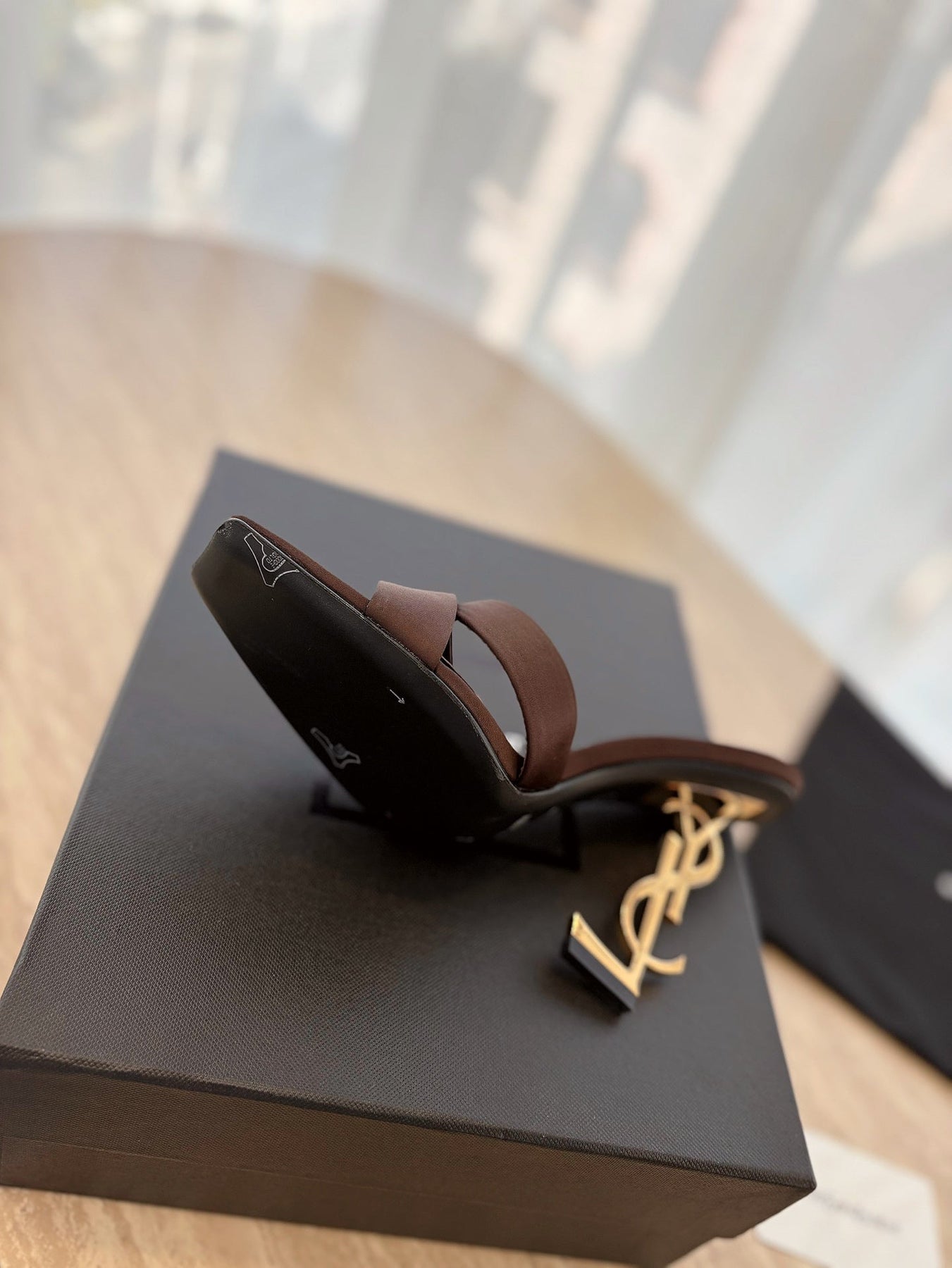 OPYUM OPEN TOE HIGH 10 CM MULES IN CHOCOLATE BROWN CALFSKIN