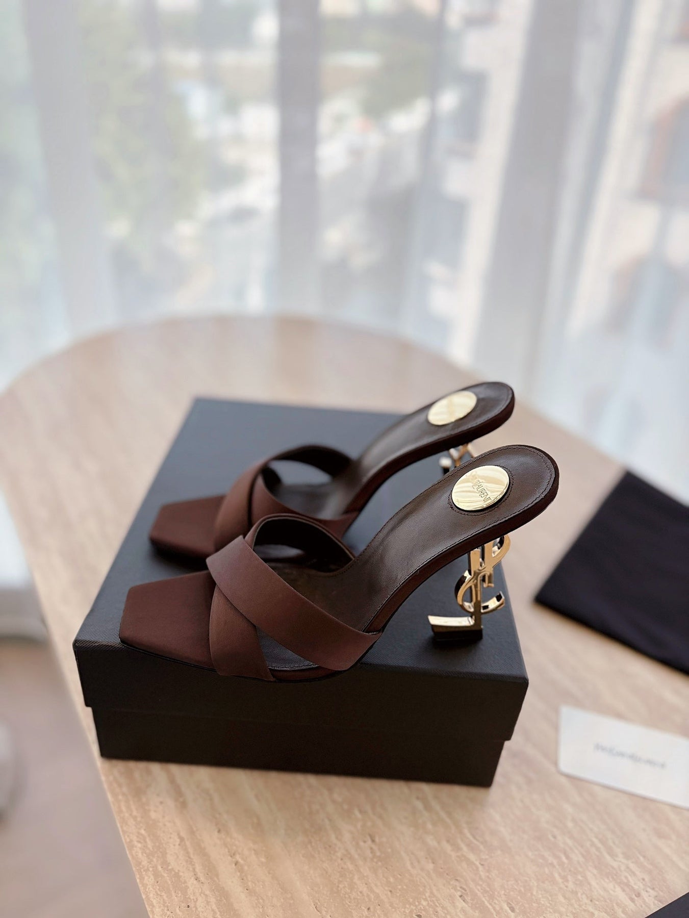 OPYUM OPEN TOE HIGH 10 CM MULES IN CHOCOLATE BROWN CALFSKIN