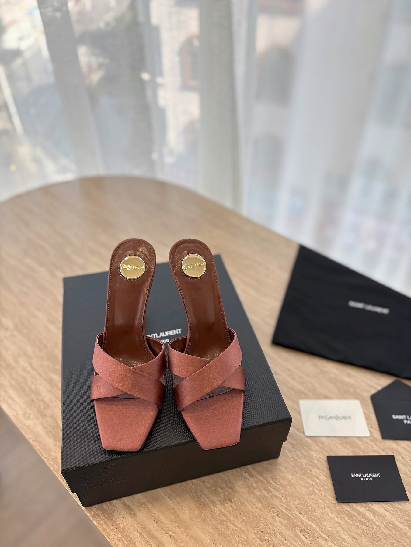 OPYUM OPEN TOE HIGH 10 CM MULES IN MARS RED CALFSKIN