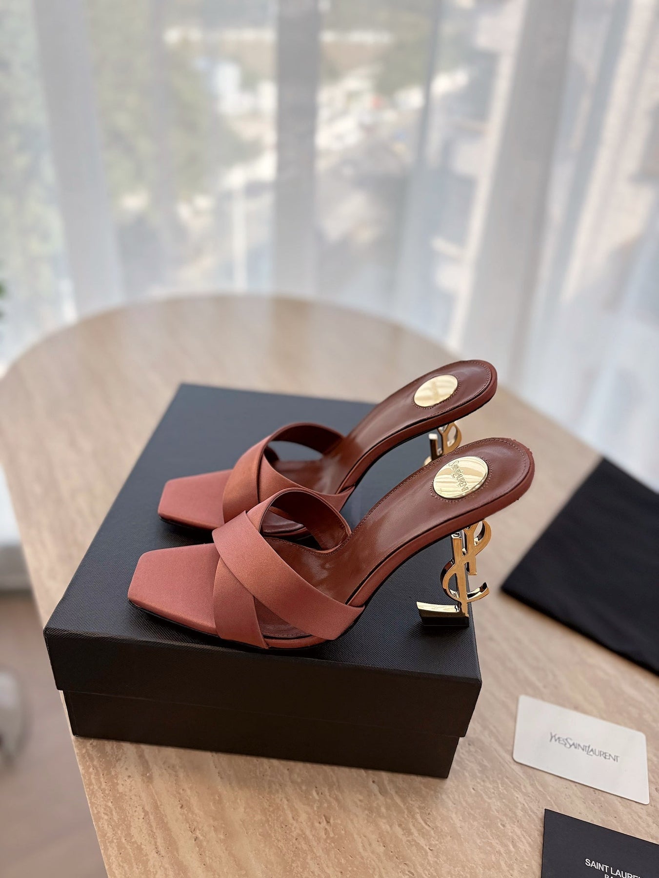 OPYUM OPEN TOE HIGH 10 CM MULES IN MARS RED CALFSKIN