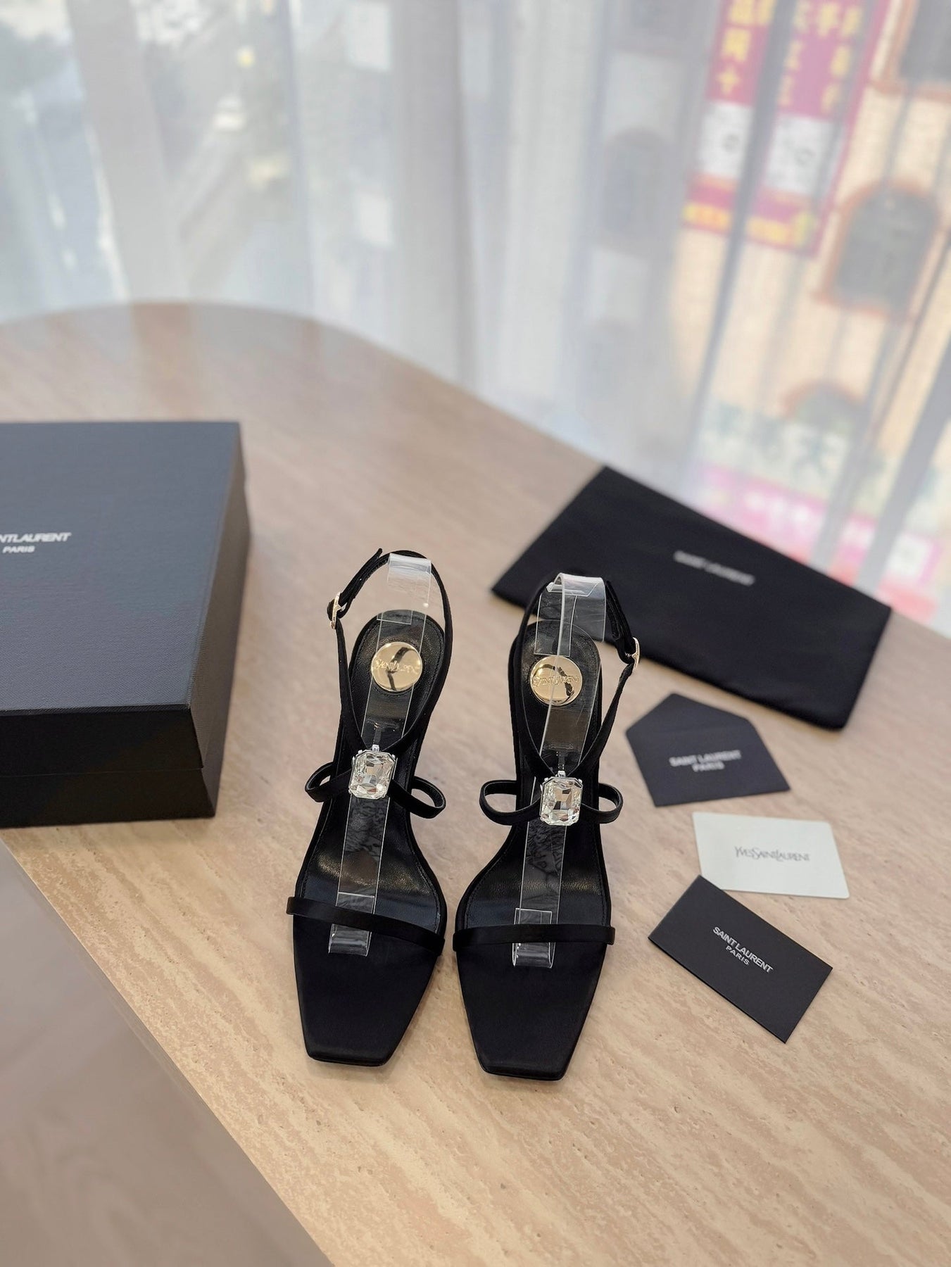 HIGH HEEL SANDAL 10 CM IN BLACK SATIN CREPE AND CRYSTAL