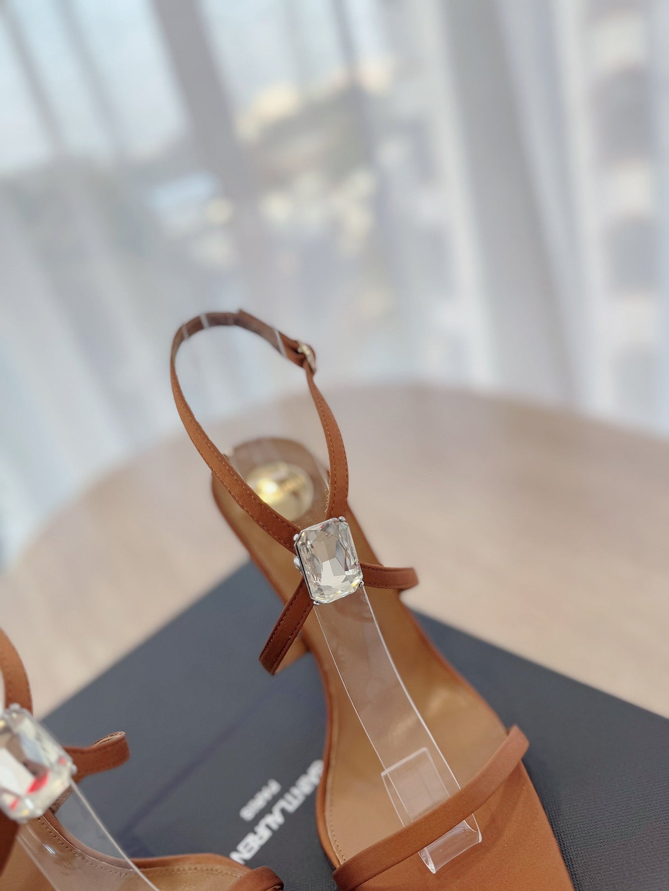 HIGH HEEL SANDAL 10 CM IN BRONZE BROWN SATIN CREPE AND CRYSTAL