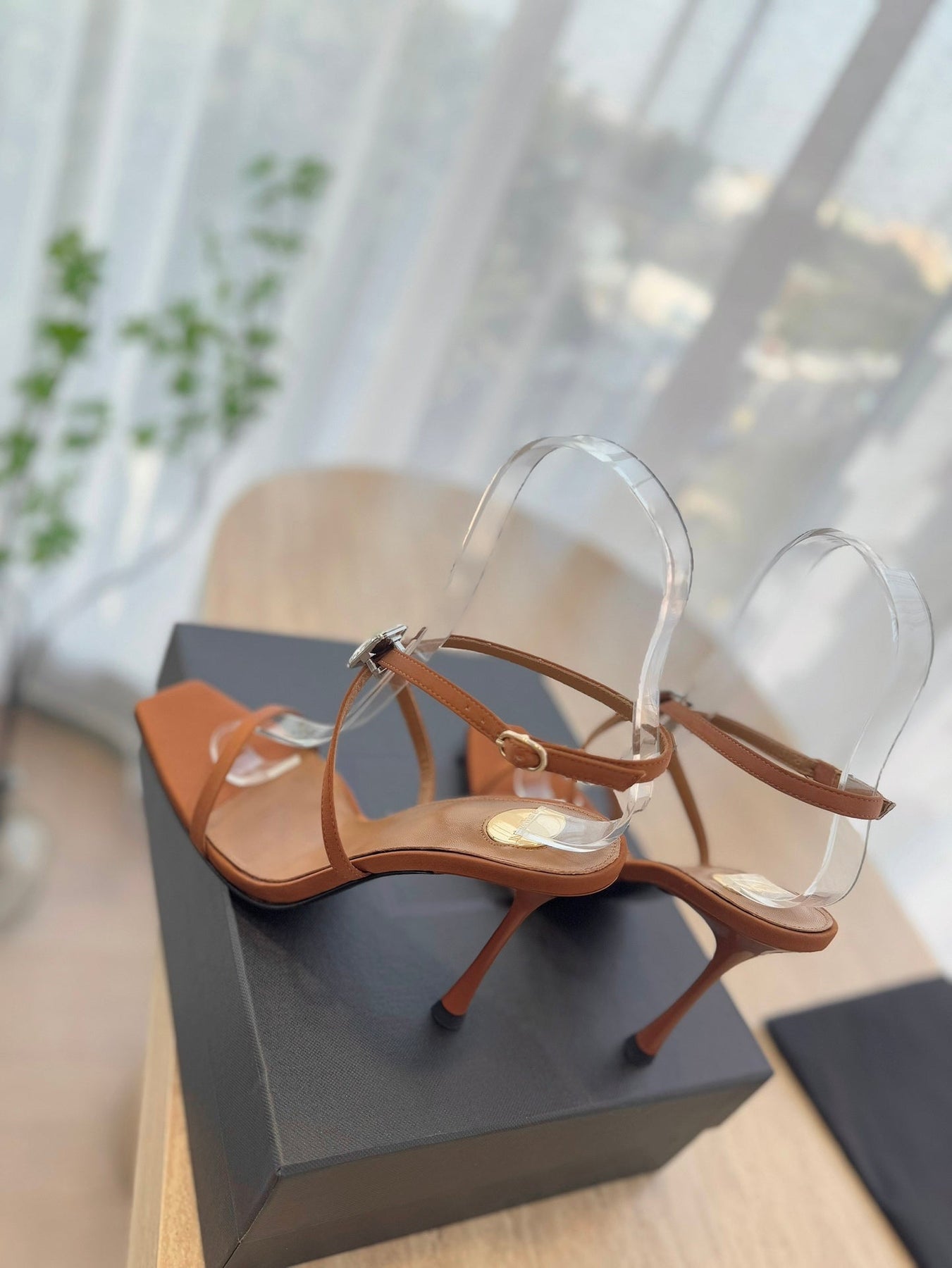 HIGH HEEL SANDAL 10 CM IN BRONZE BROWN SATIN CREPE AND CRYSTAL