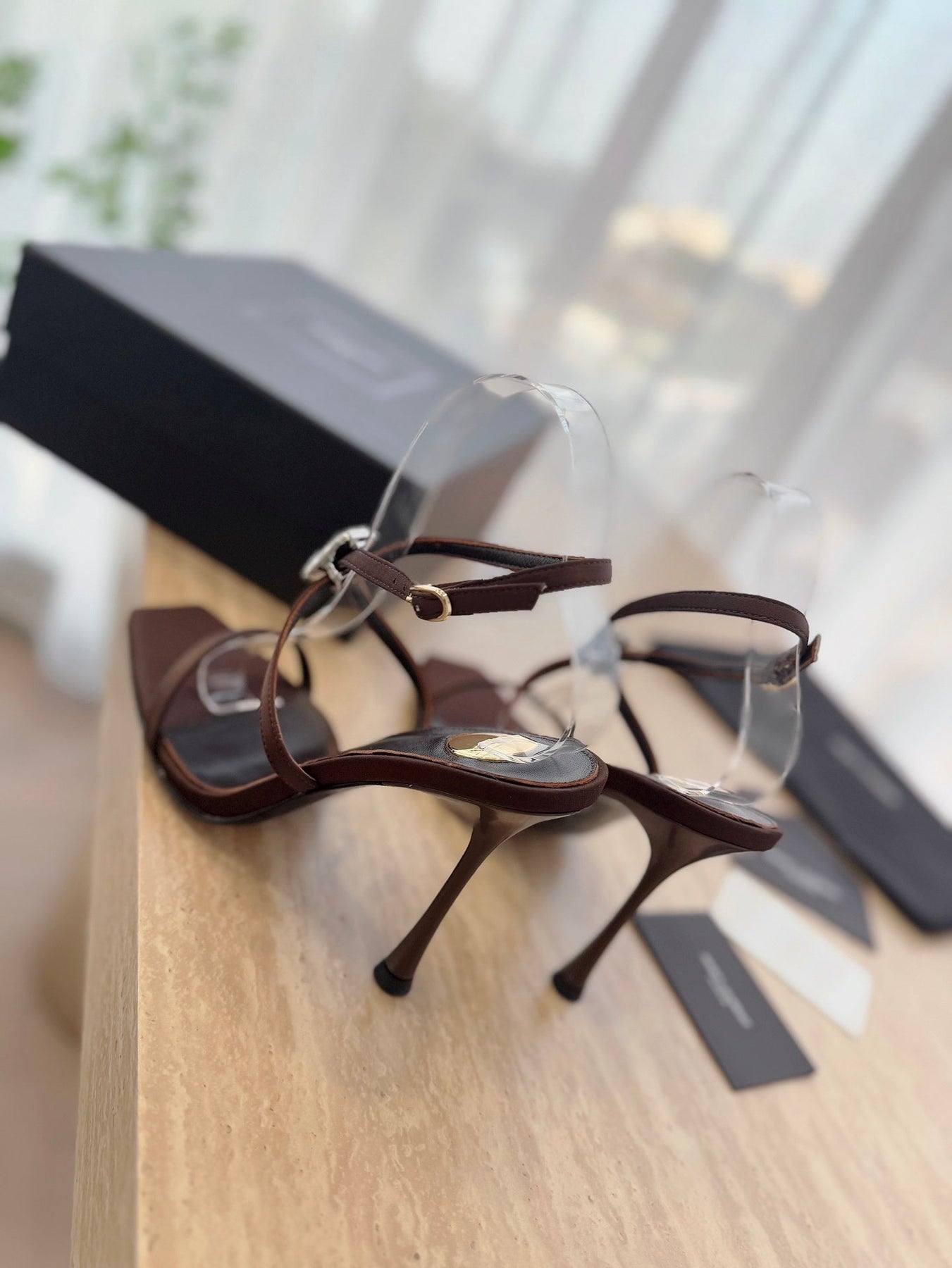 HIGH HEEL SANDAL 10 CM IN CHOCOLATE BROWN SATIN CREPE AND CRYSTAL