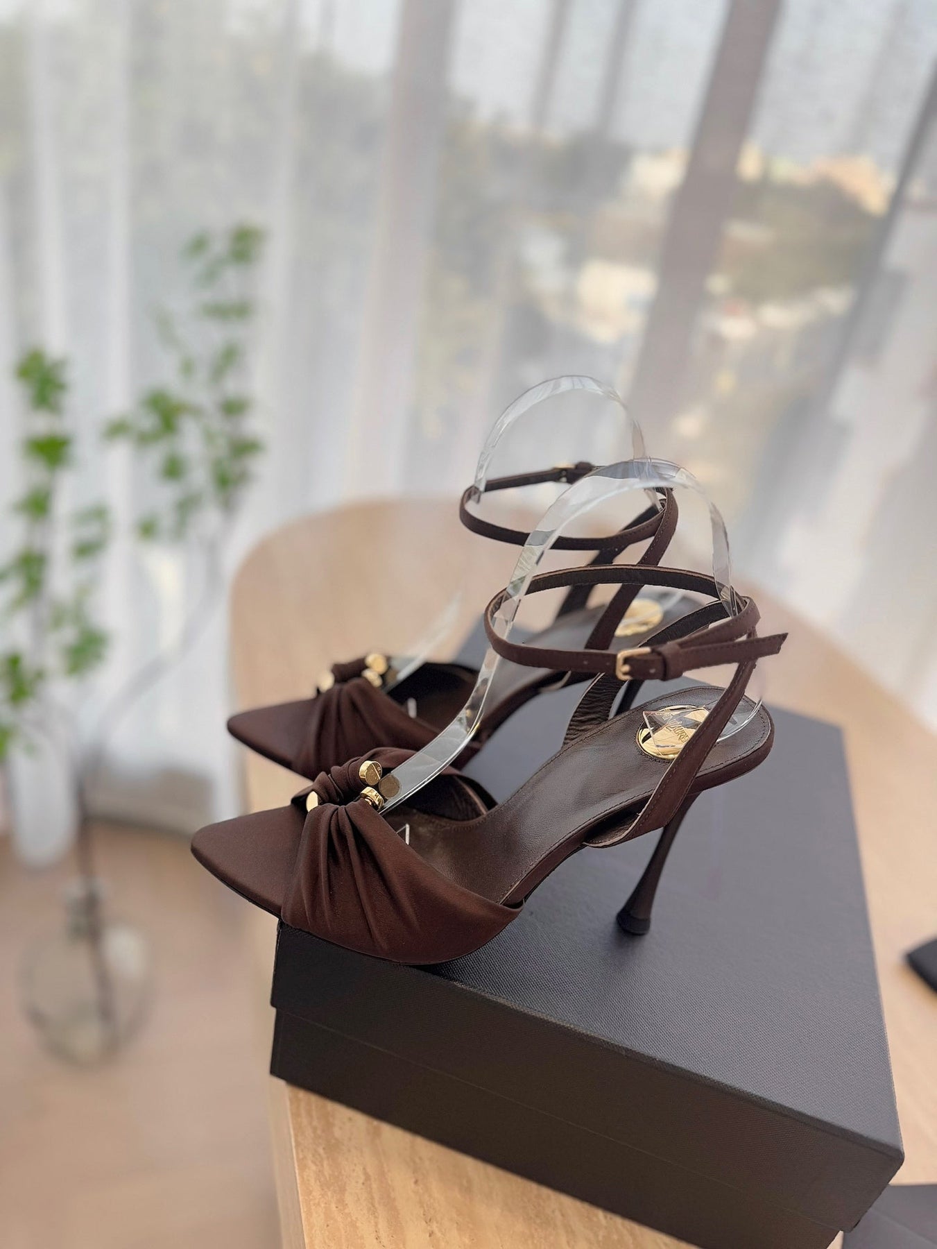 LOLA SANDAL 10 CM IN CHOCOLATE BROWN VISCOSE AND SILK