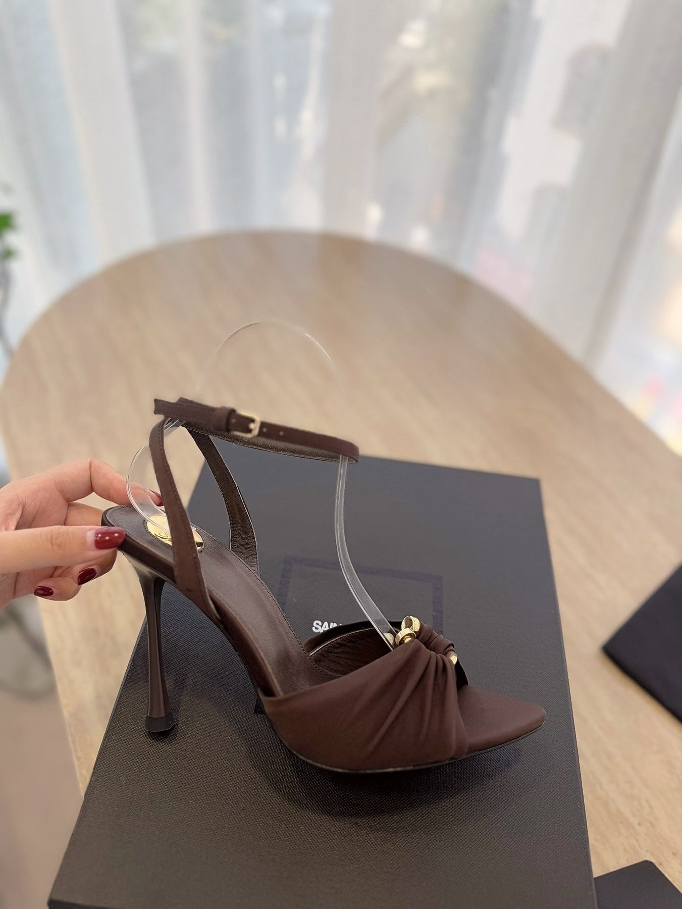 LOLA SANDAL 10 CM IN CHOCOLATE BROWN VISCOSE AND SILK
