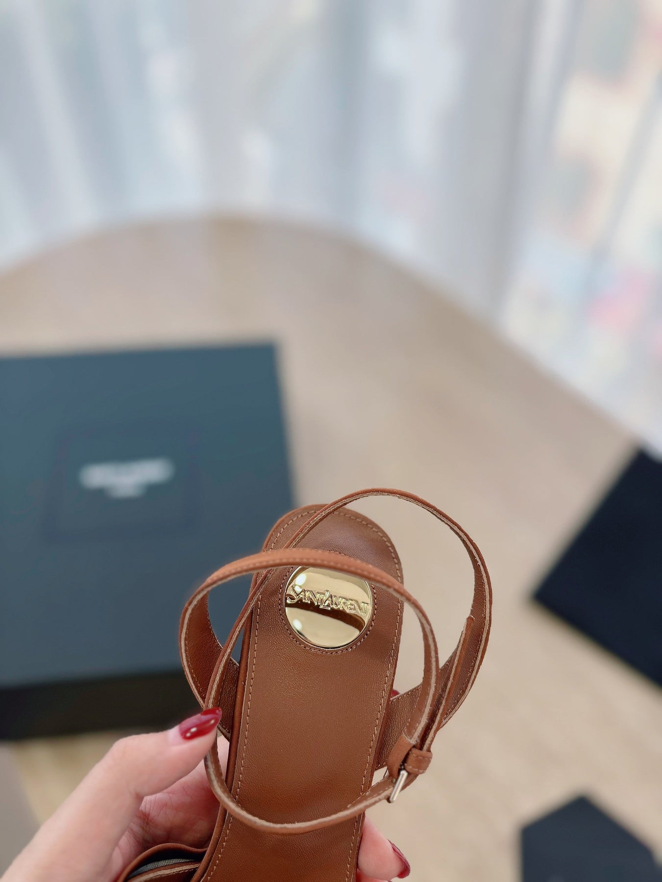 LA SCANDALE HIGH 10 CM WEDGE SANDALS IN BRONZE BROWN PATENT LEATHER