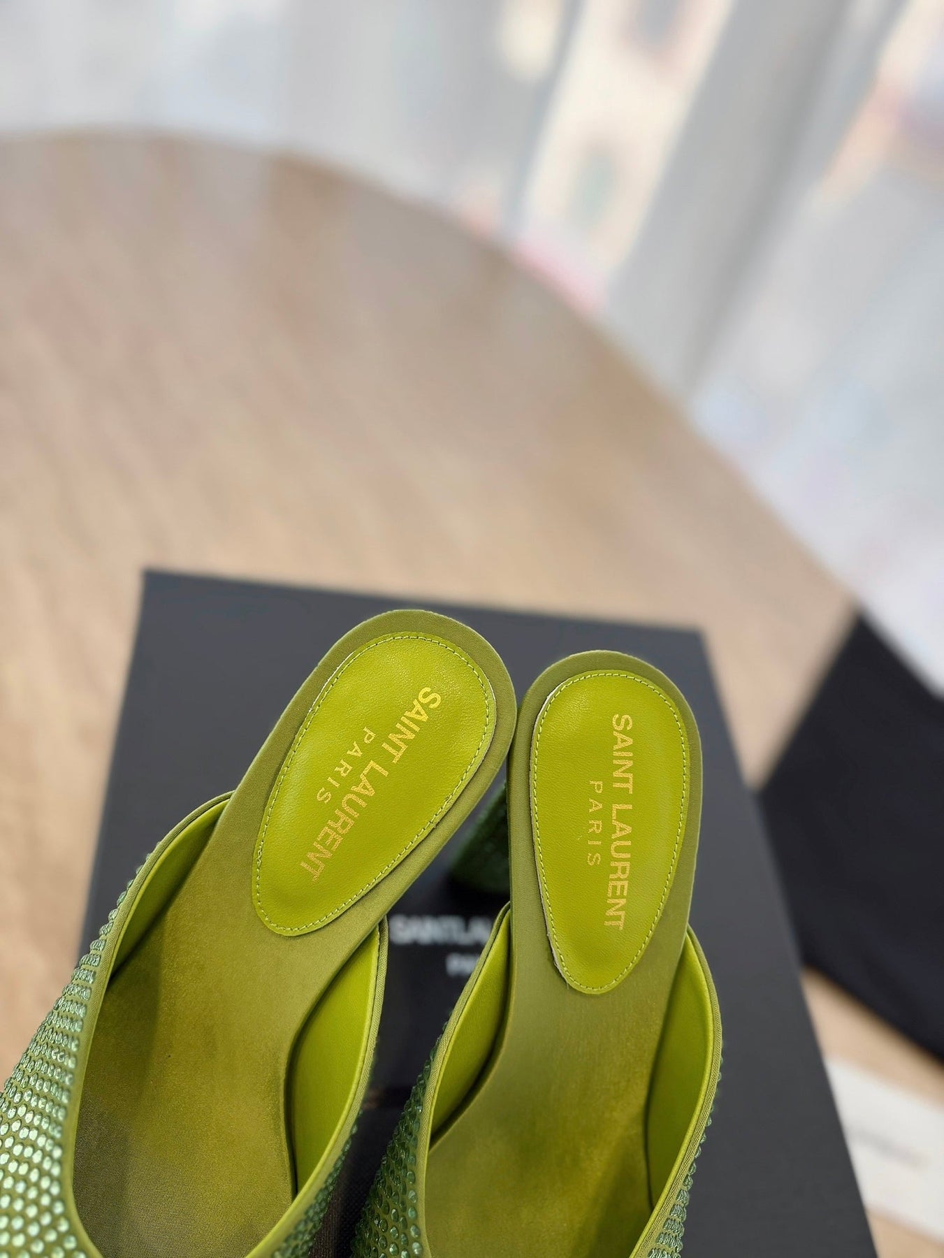 HIGH HEEL BLONDE MULE 10 CM IN OLIVE GREEN SATIN WITH RHINESTONES